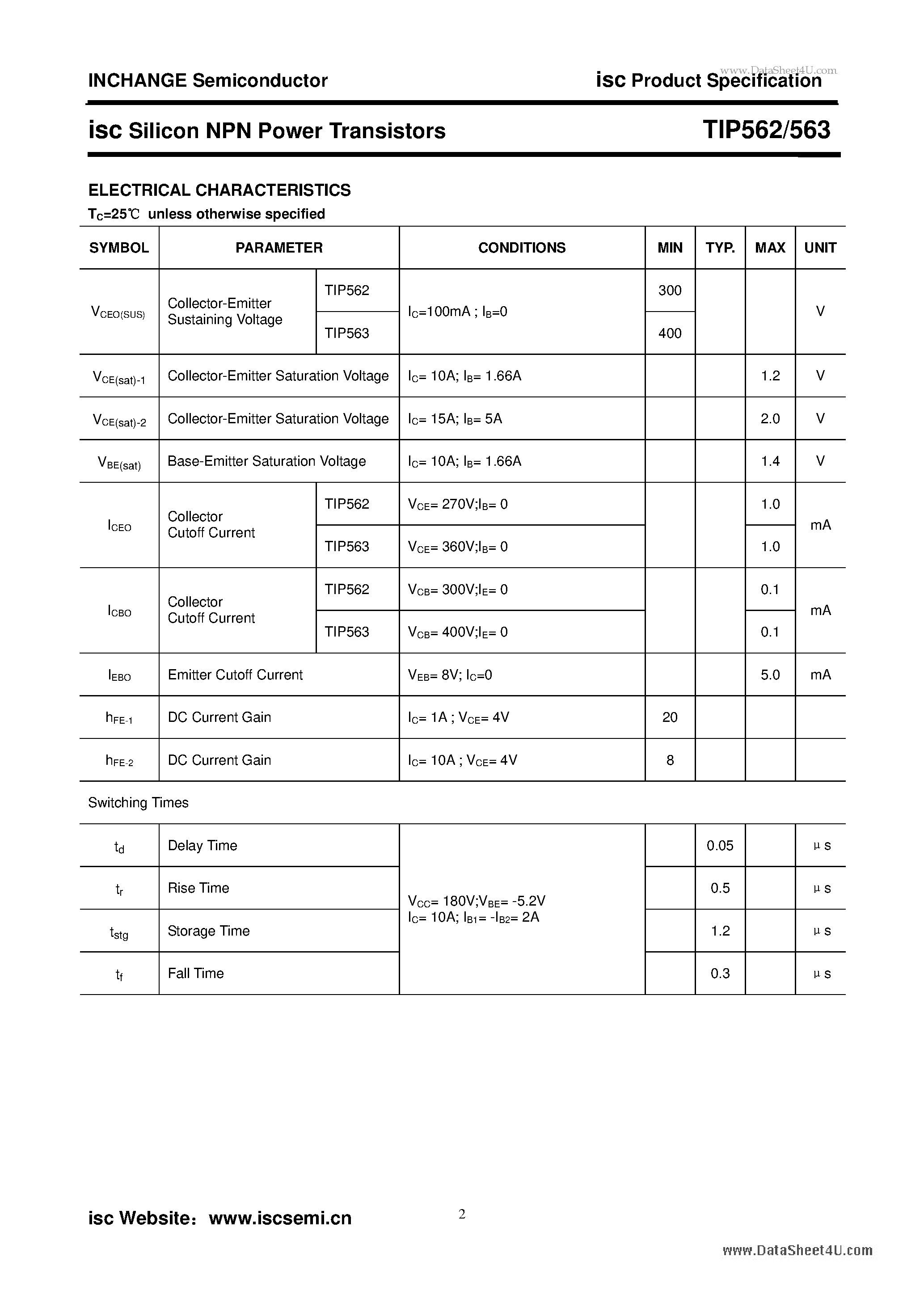 Datasheet TIP562 - isc Silicon NPN Power Transistors page 2