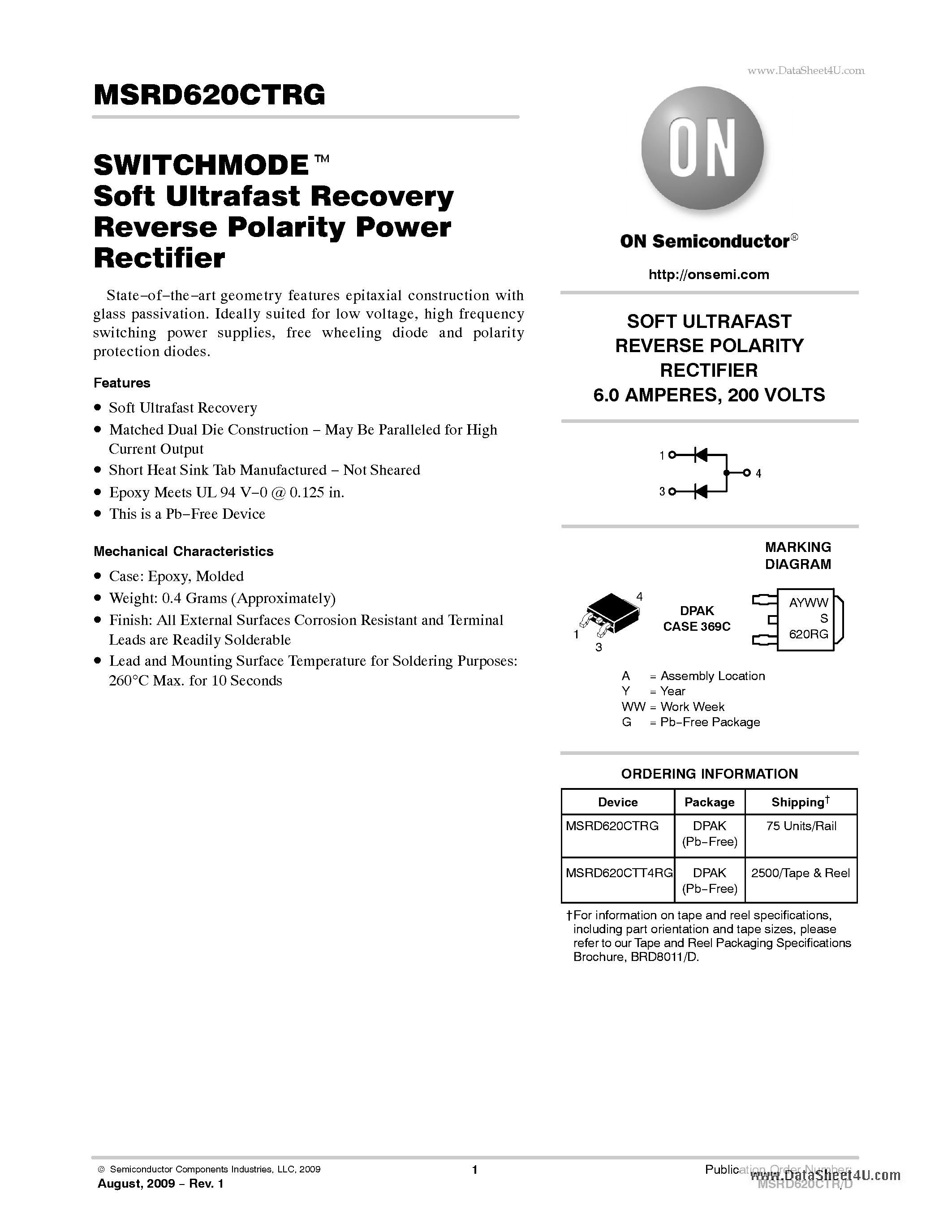 Даташит MSRD620CTRG - SWITCHMODE Soft Ultrafast Recovery Reverse Polarity Power Rectifier страница 1