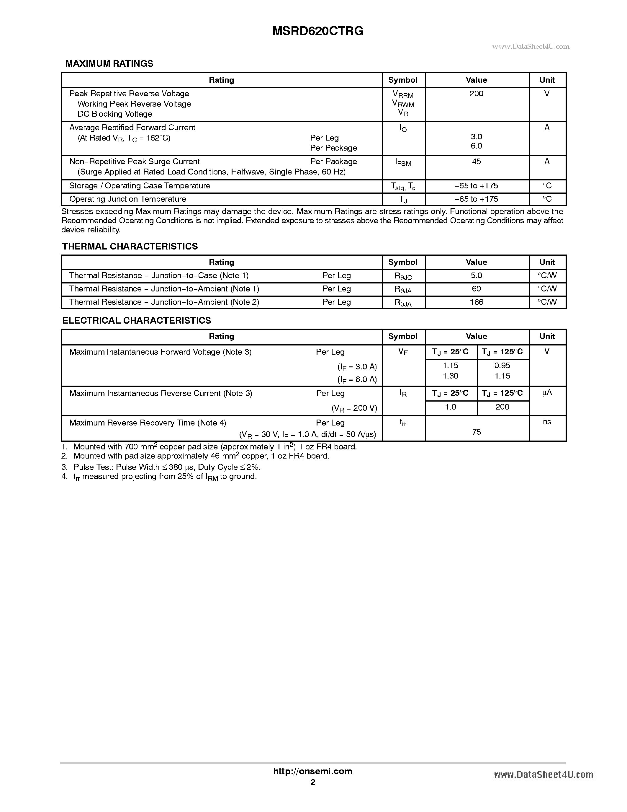 Даташит MSRD620CTRG - SWITCHMODE Soft Ultrafast Recovery Reverse Polarity Power Rectifier страница 2