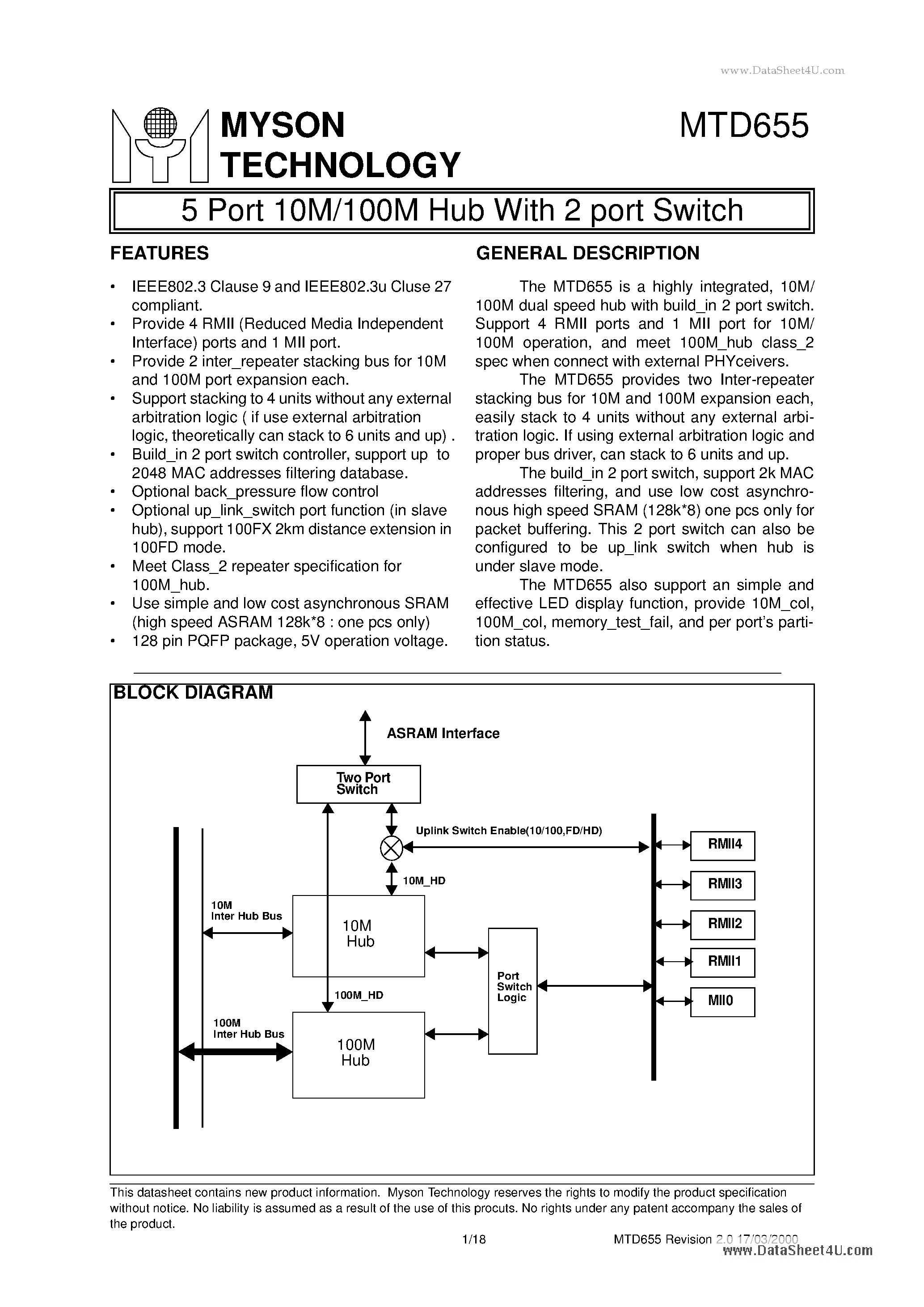 Datasheet MTD655 - 5 Port 10M/100M Hub page 1