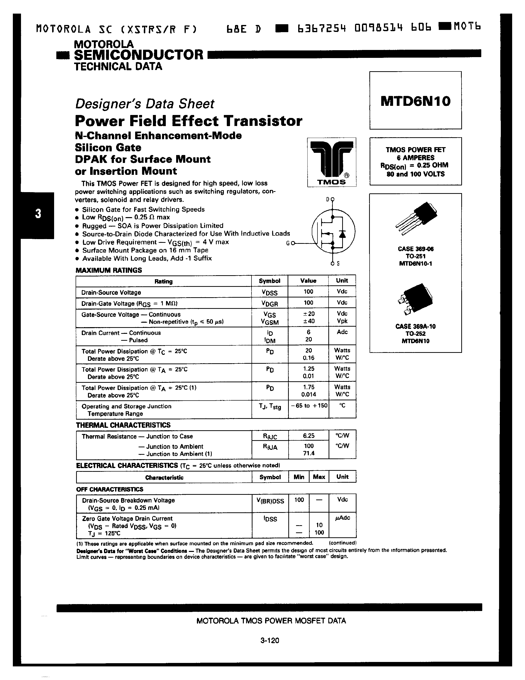 Datasheet MTD6N10 - TMOS POWER FET 6 AMPERES RDS(on) = 0.25 OHM 80 and 100 VOLTS page 1