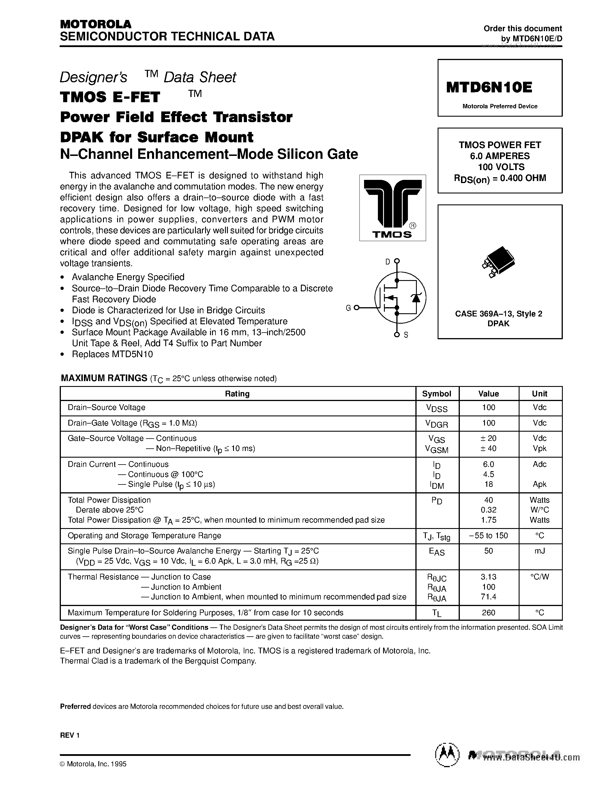 Datasheet MTD6N10E - TMOS POWER FET 6.0 AMPERES 100 VOLTS RDS(on) = 0.400 OHM page 1