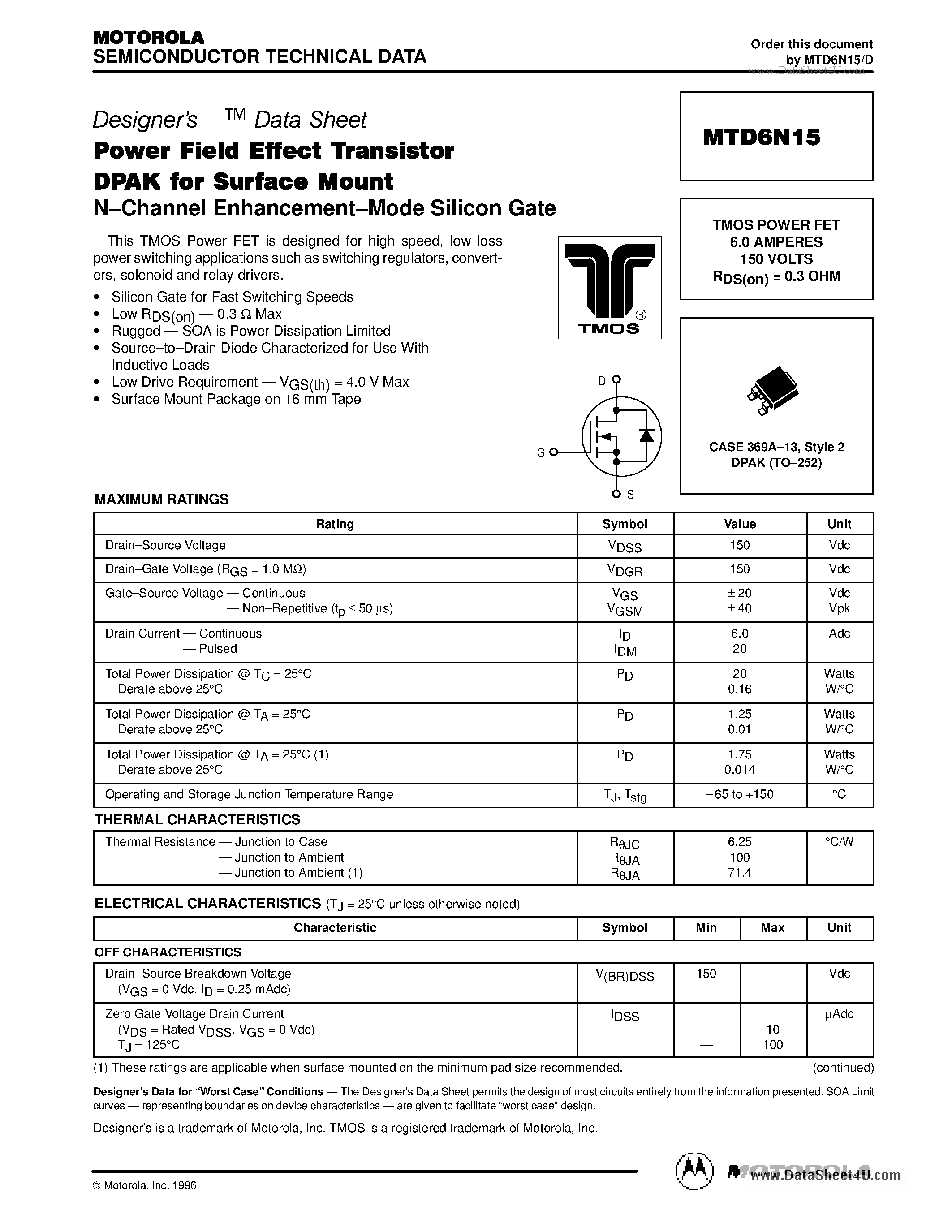 Datasheet MTD6N15 - TMOS POWER FET 6.0 AMPERES 150 VOLTS RDS(on) = 0.3 OHM page 1