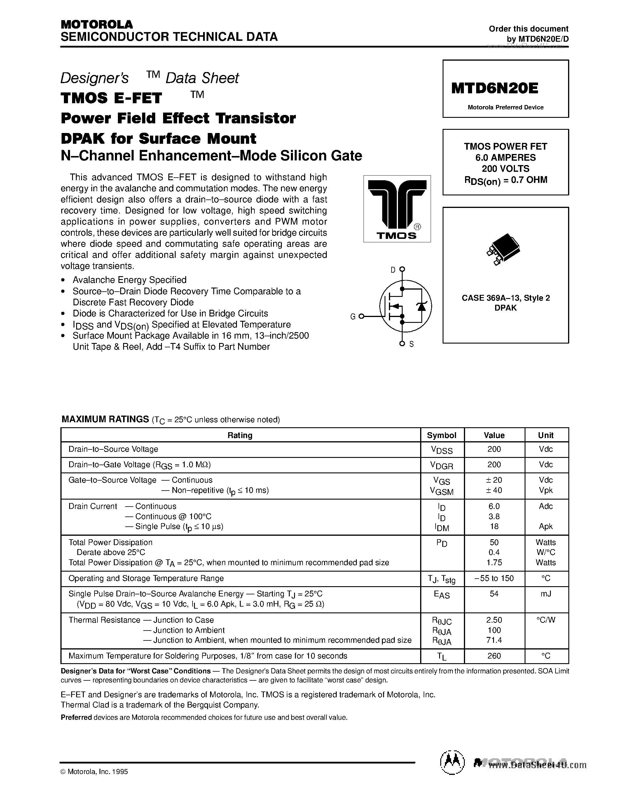 Даташит на микросхему MTD6N20E страница 1 Даташит MTD6N20E - TMOS POWER FET 6.0 AMPERES 200 VOLTS RDS(on) = 0.7 OHM страница 1