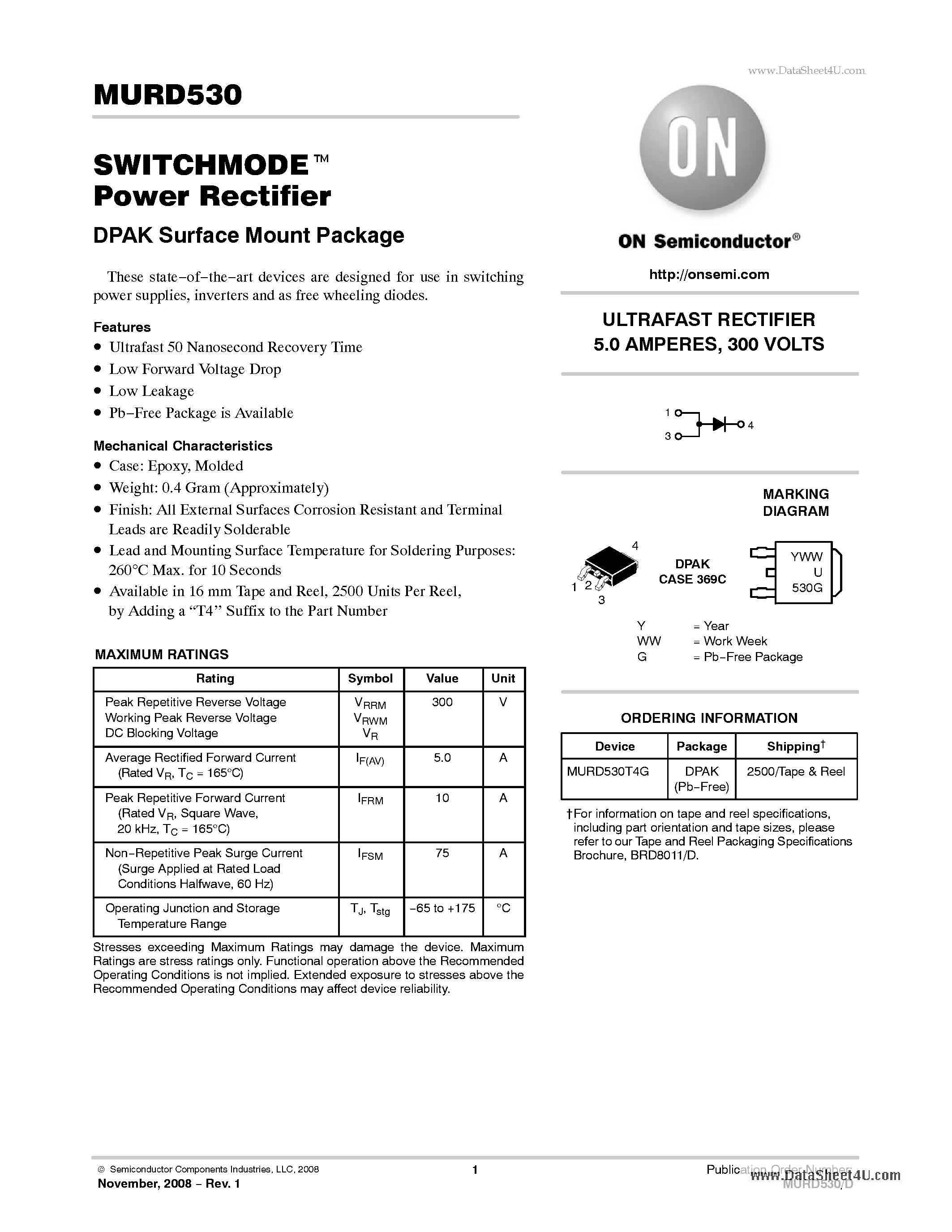 Даташит MURD530 - SWITCHMODE Power Rectifier DPAK Surface Mount Package страница 1