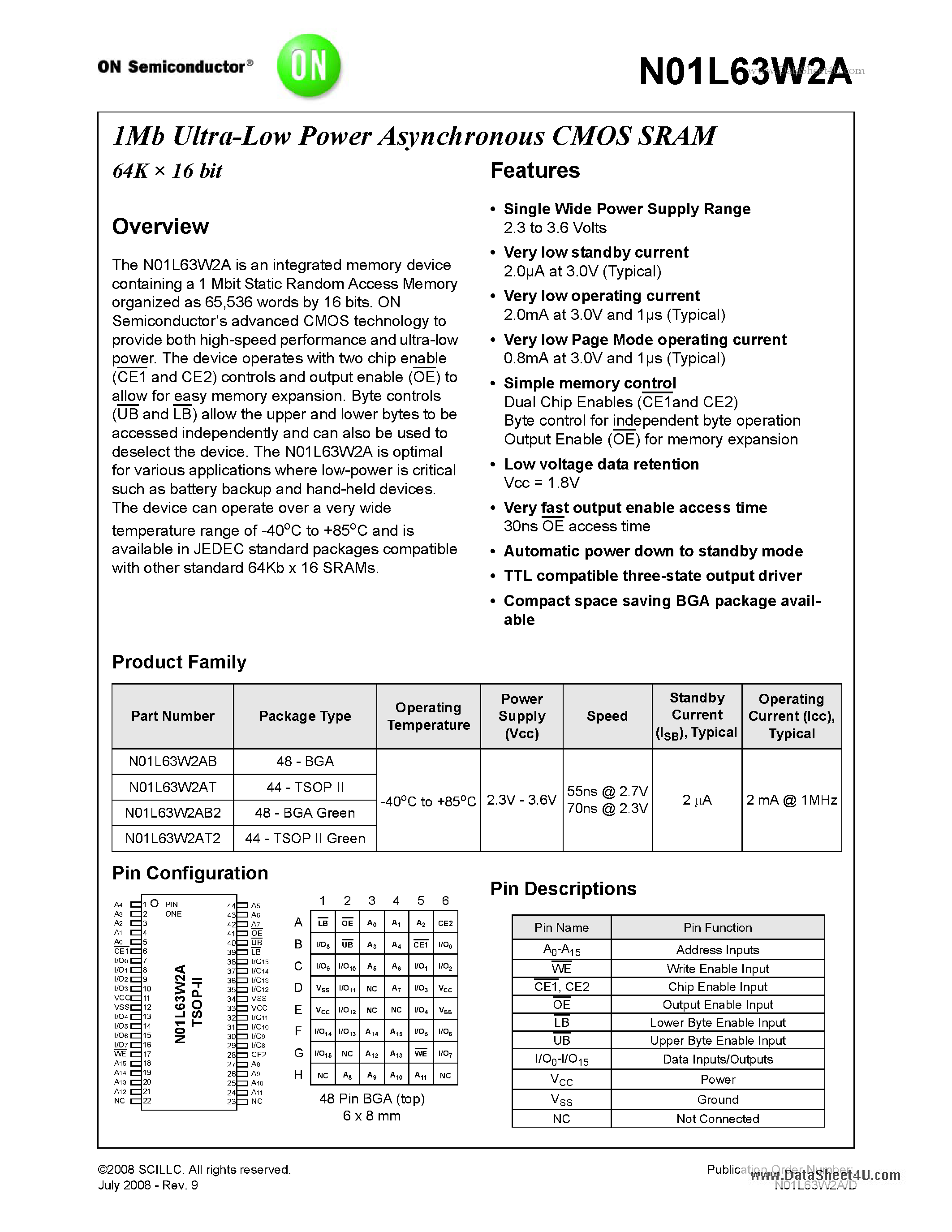 Даташит на микросхему N01L63W2A страница 1 Даташит N01L63W2A - 1Mb Ultra-Low Power Asynchronous CMOS SRAM 64K x 16 bit страница 1