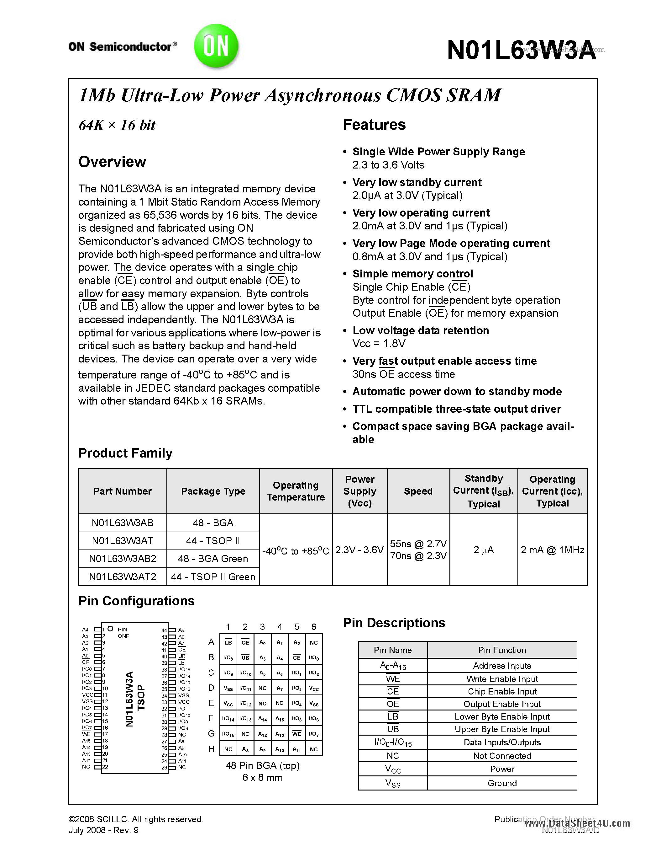 Даташит на микросхему N01L63W3A страница 1 Даташит N01L63W3A - 1Mb Ultra-Low Power Asynchronous CMOS SRAM 64K x 16 bit страница 1