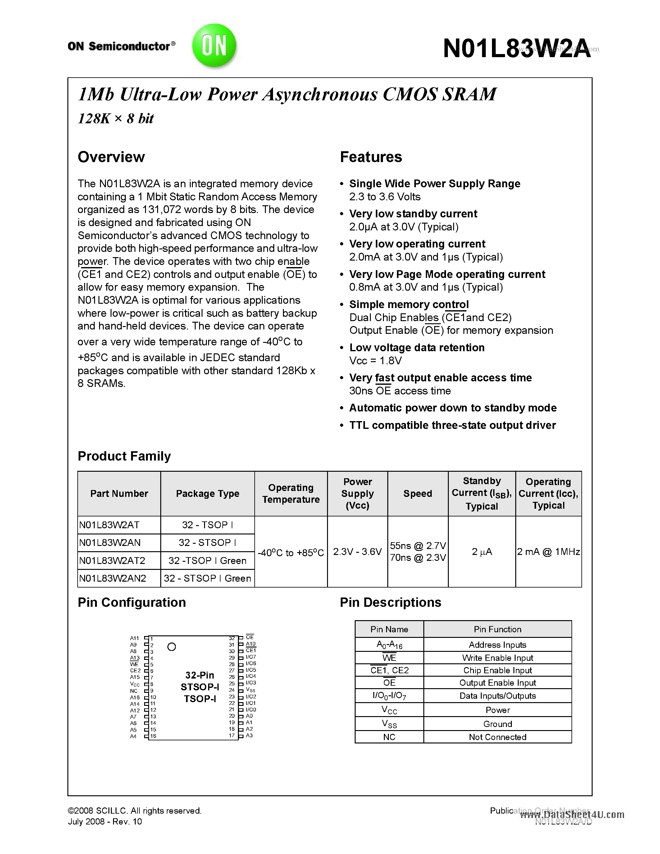 Даташит на микросхему N01L83W2A страница 1 Даташит N01L83W2A - 1Mb Ultra-Low Power Asynchronous CMOS SRAM 128K x 8 bit страница 1