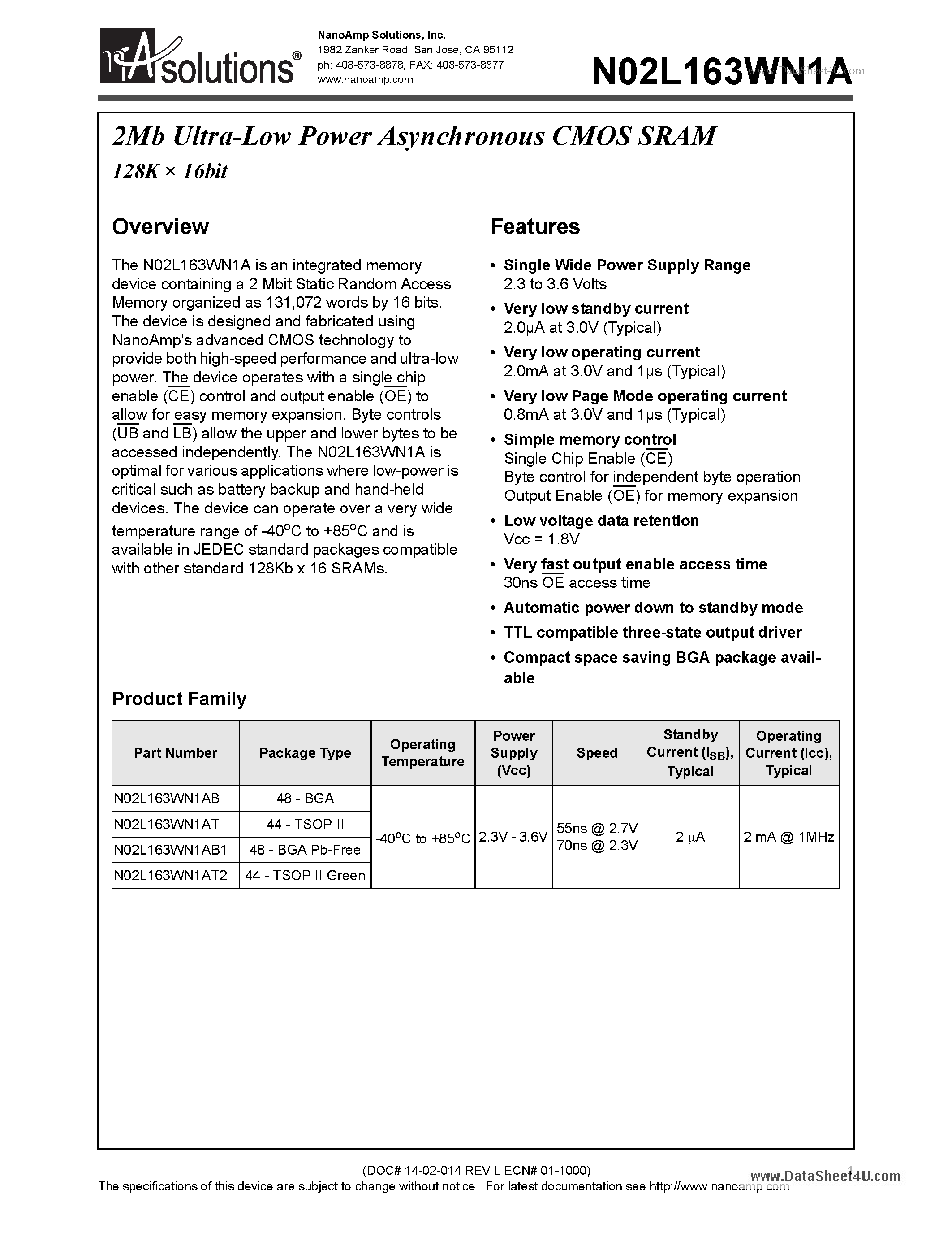 Даташит на микросхему N02L163WN1A страница 1 Даташит N02L163WN1A - 2Mb Ultra-Low Power Asynchronous CMOS SRAM 128K x 16 bit страница 1