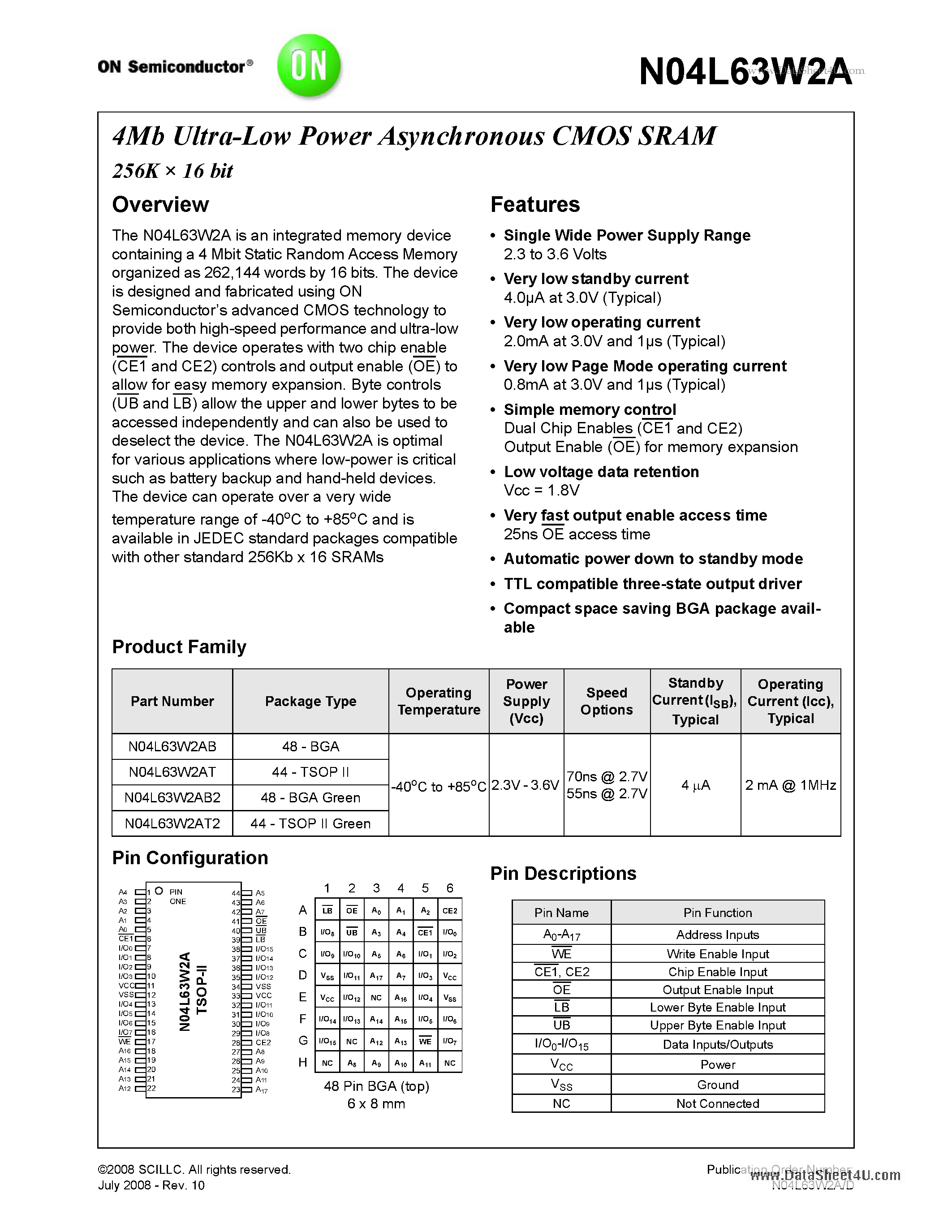 Даташит на микросхему N04L63W2A страница 1 Даташит N04L63W2A - 4Mb Ultra-Low Power Asynchronous CMOS SRAM 256K x 16 bit страница 1