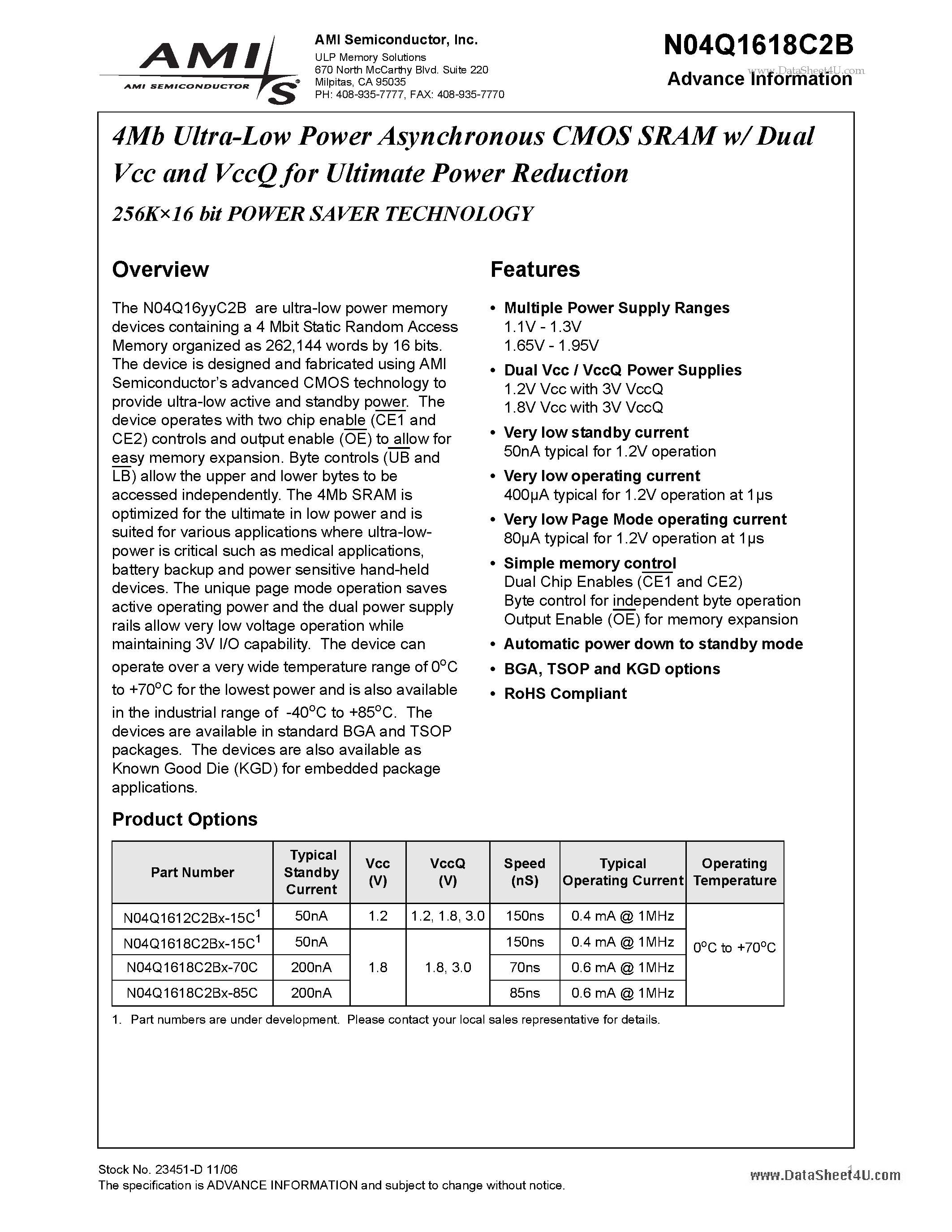Datasheet N04Q1618C2B - 4Mb Ultra-Low Power Asynchronous CMOS SRAM w/ Dual Vcc and VccQ page 1