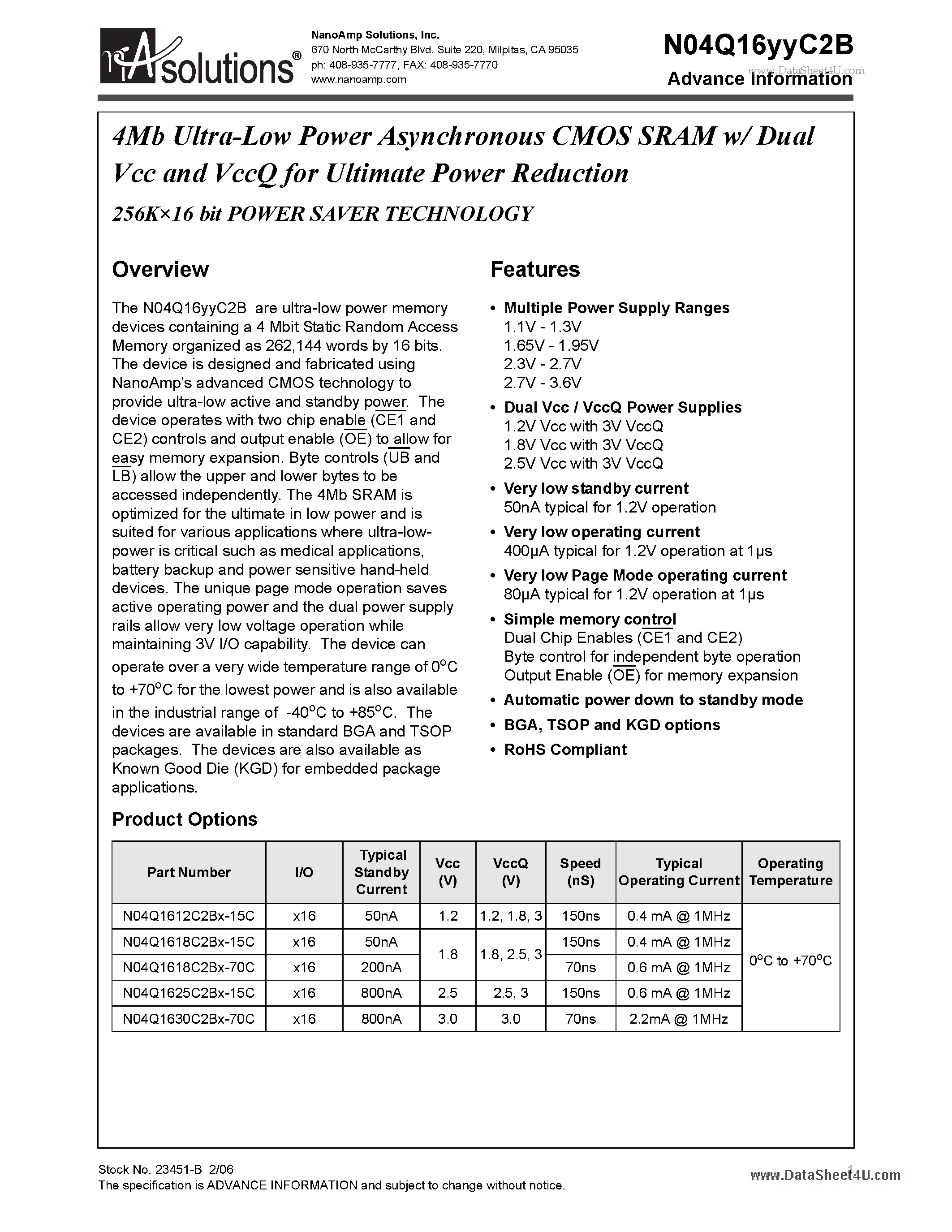 Datasheet N04Q16YYC2B - 4Mb Ultra-Low Power Asynchronous CMOS SRAM w/ Dual Vcc and VccQ page 1