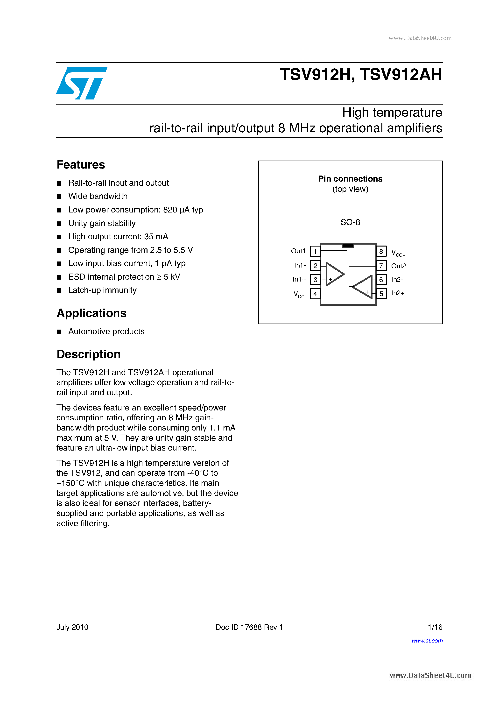 Даташит TSV912AH - High temperature rail-to-rail input/output 8 MHz operational amplifiers страница 1