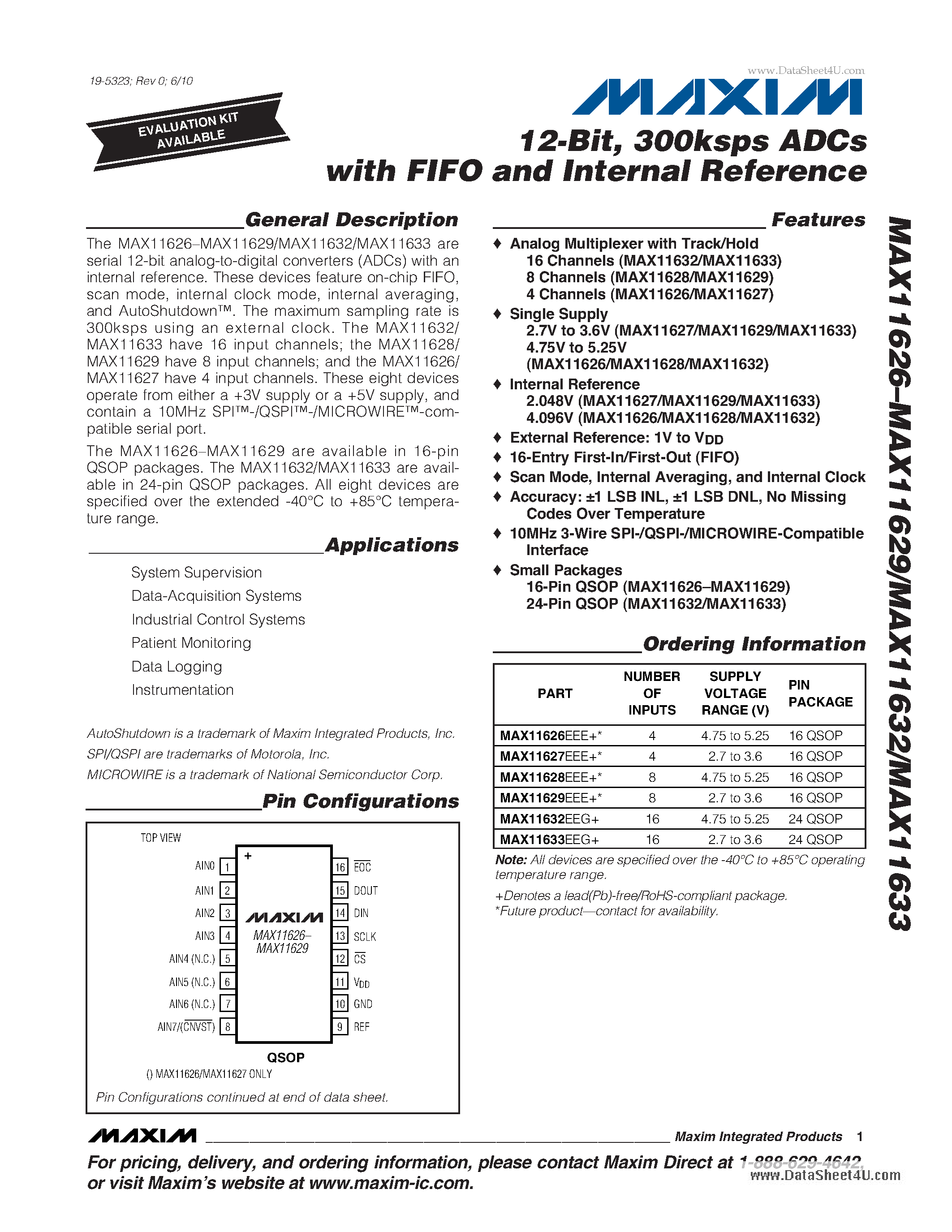 Даташит MAX11626 - 300ksps ADCs страница 1