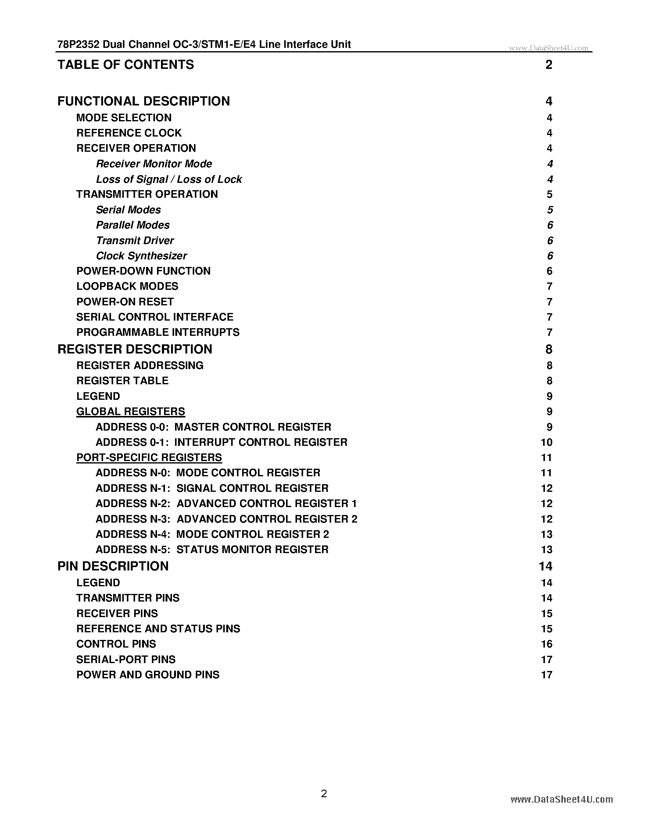 Datasheet 78P2352 page 2 Datasheet 78P2352 - Dual Channel OC-3/ STM1-E/ E4 LIU page 2
