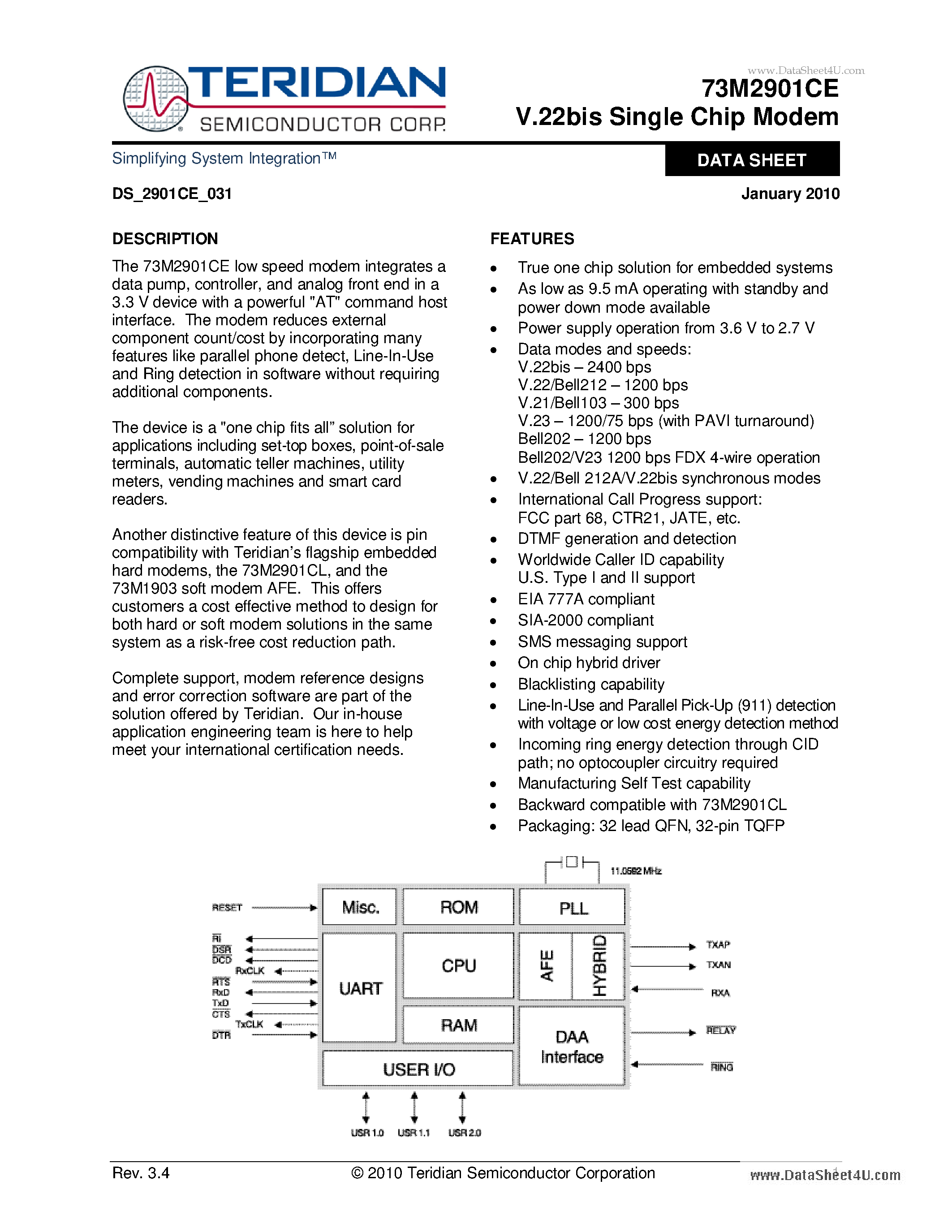 Datasheet 73M2901CE - V.22bis Single Chip Modem page 1