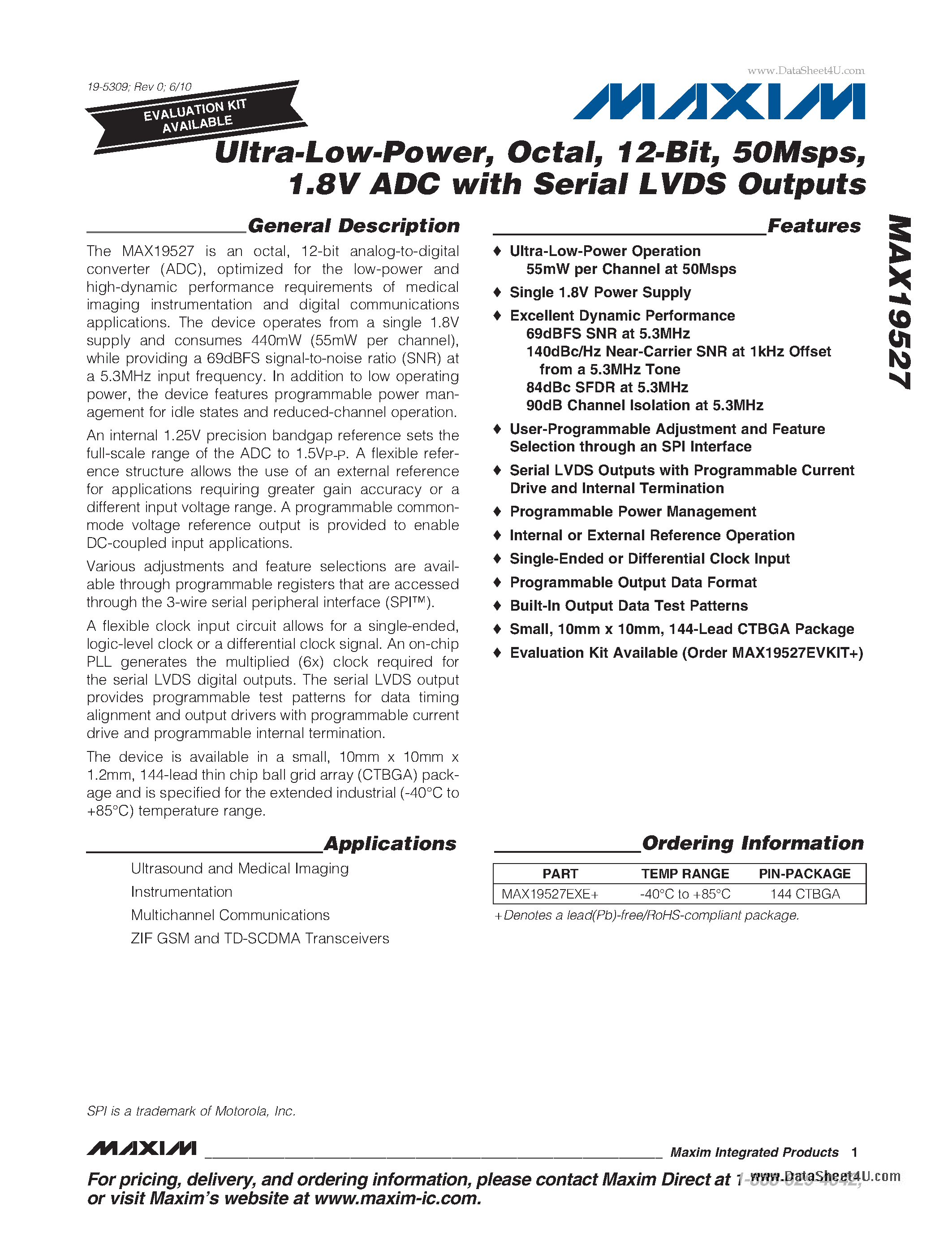 Datasheet MAX19527 - 1.8V ADC page 1