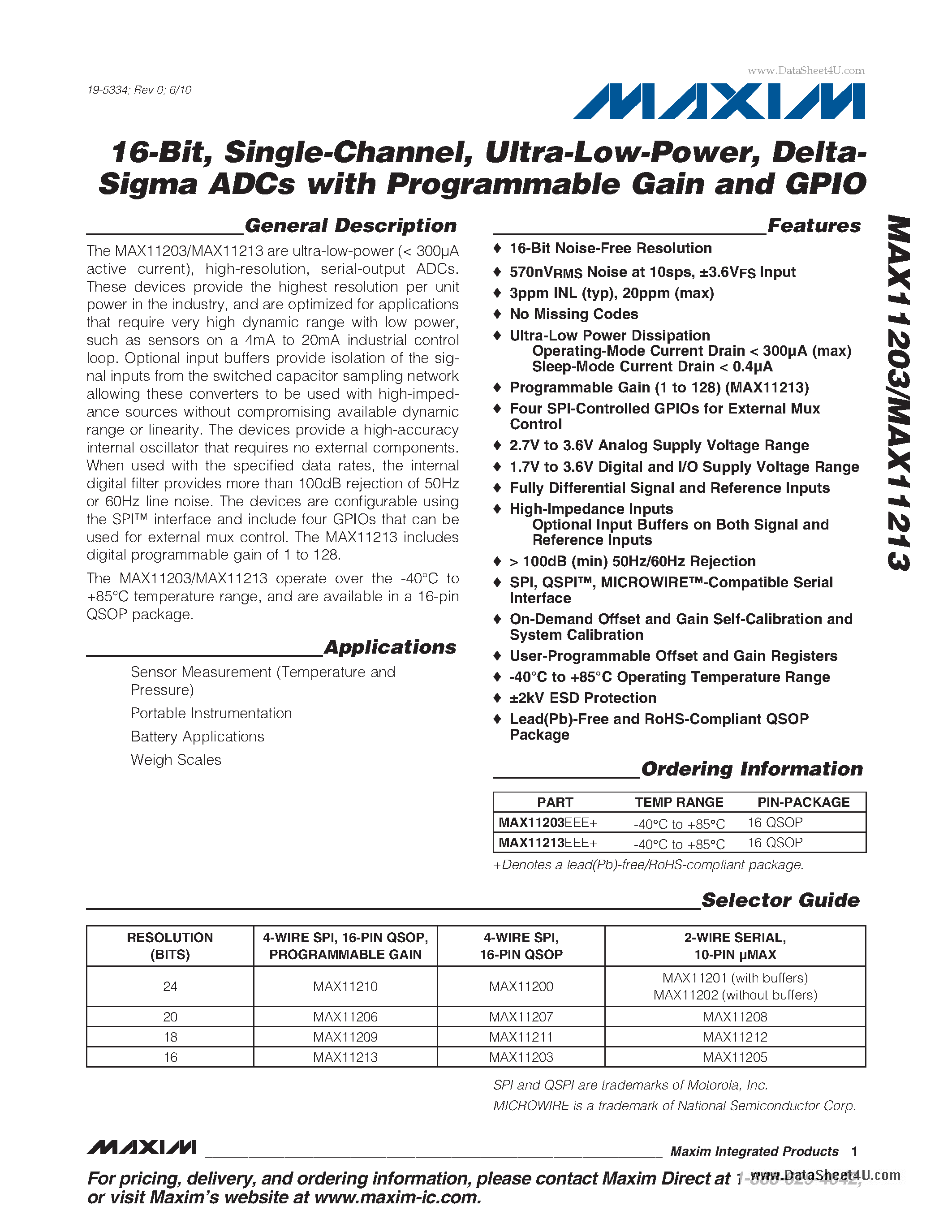 Даташит MAX11203 - Delta- Sigma ADCs страница 1