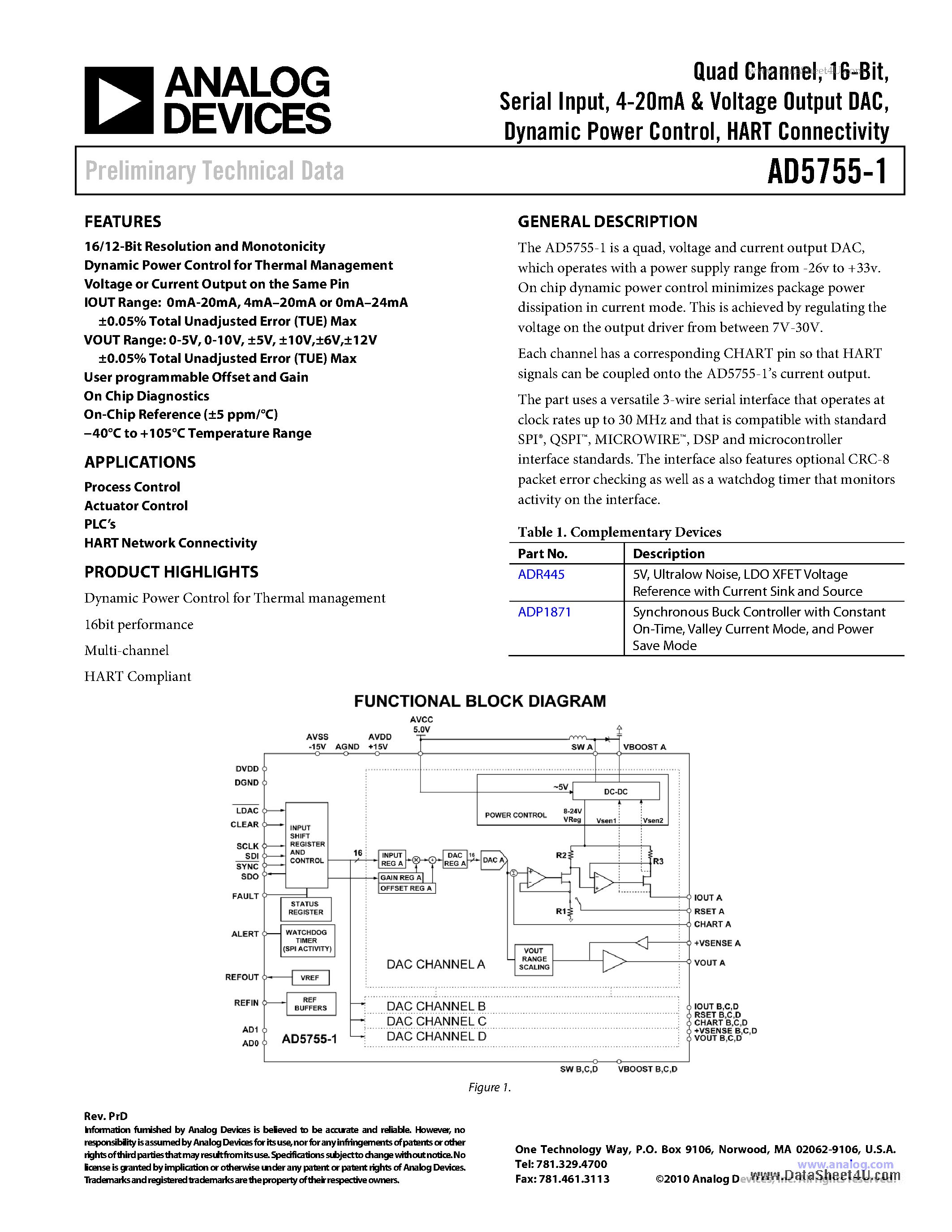 Datasheet AD5755-1 page 1 Datasheet AD5755-1 - Quad Channel 16-Bit Serial Input - 4-20mA & Voltage Output DAC Dynamic Power Control : HART Connectivity page 1