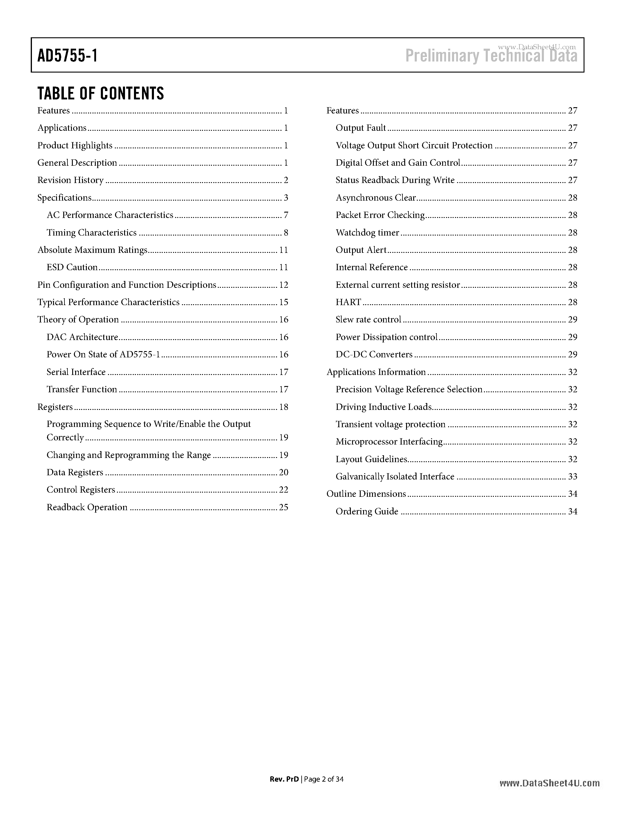 Datasheet AD5755-1 page 2 Datasheet AD5755-1 - Quad Channel 16-Bit Serial Input - 4-20mA & Voltage Output DAC Dynamic Power Control : HART Connectivity page 2