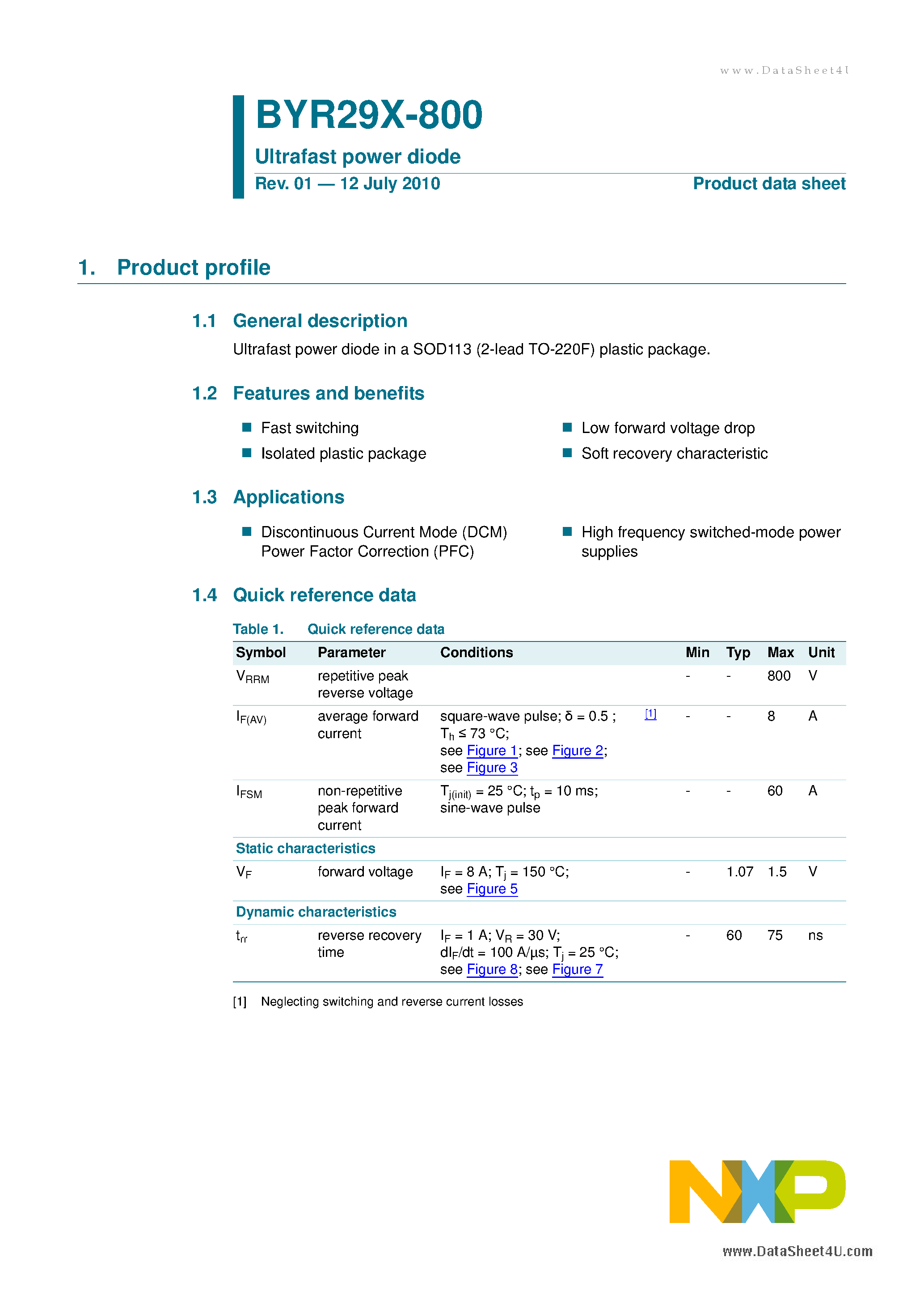 Datasheet BYR29X-800 page 1 Datasheet BYR29X-800 - Ultrafast power diode page 1
