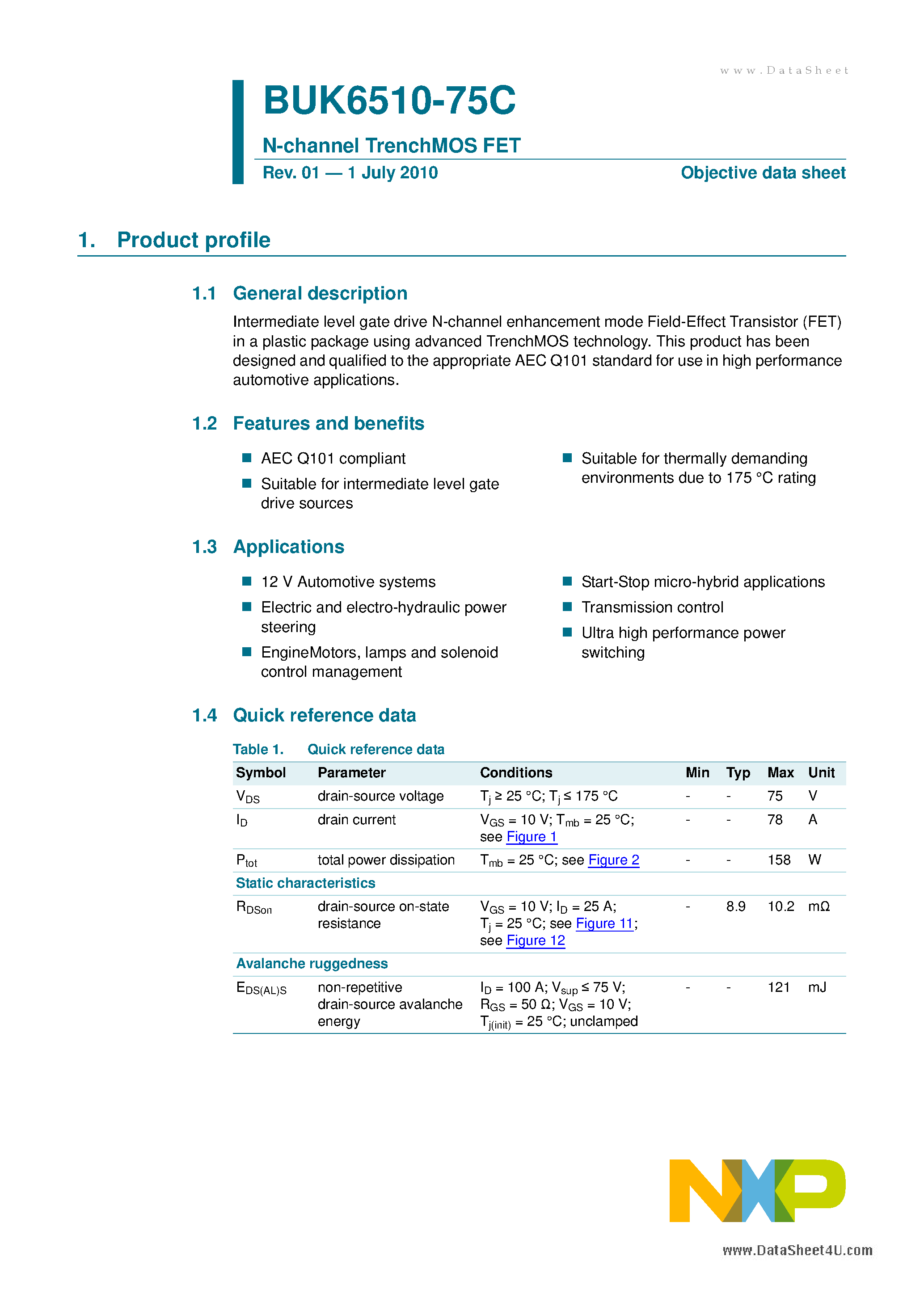 Datasheet BUK6510-75C - N-channel TrenchMOS FET page 1