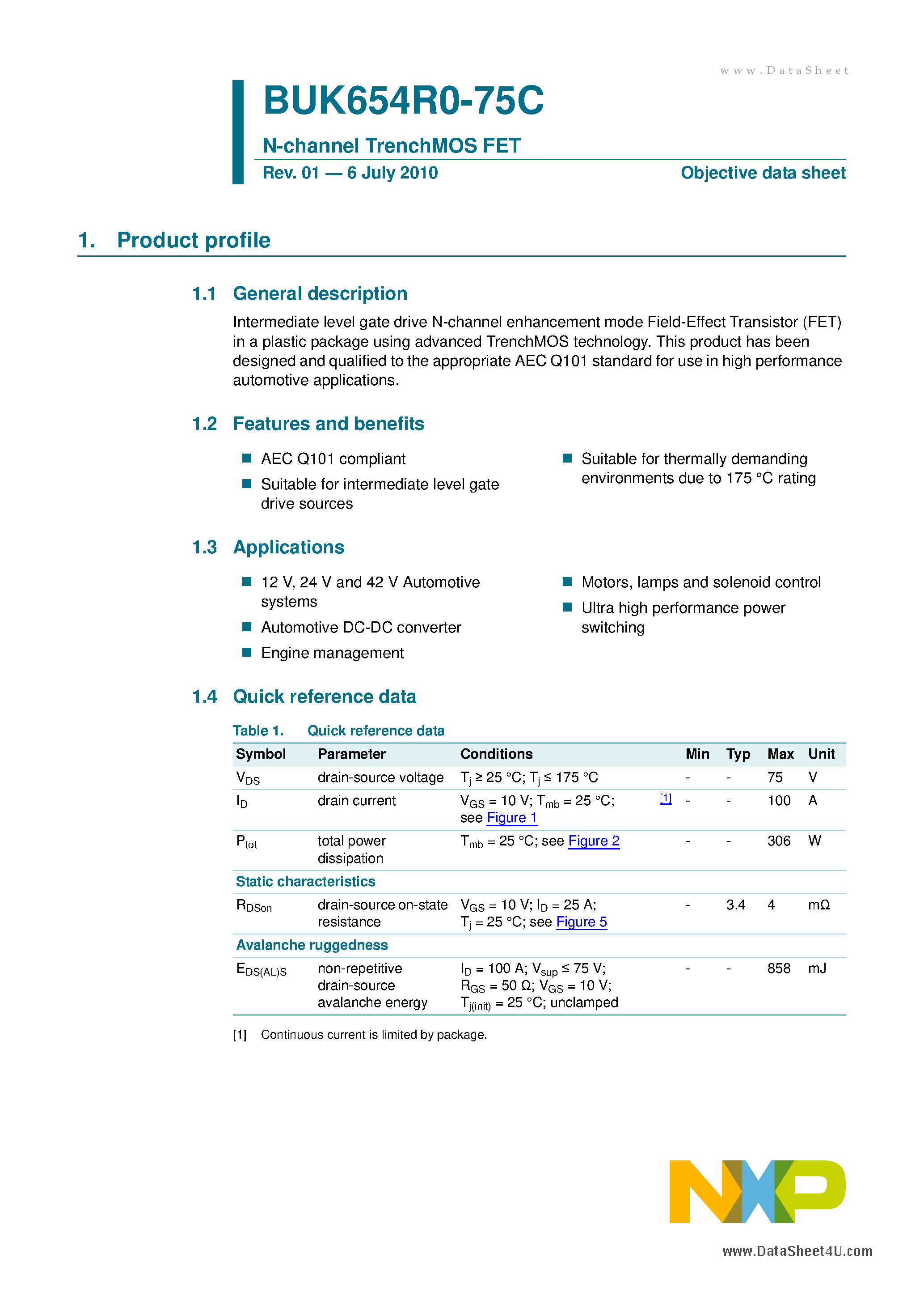 Datasheet BUK654R0-75C - N-channel TrenchMOS FET page 1