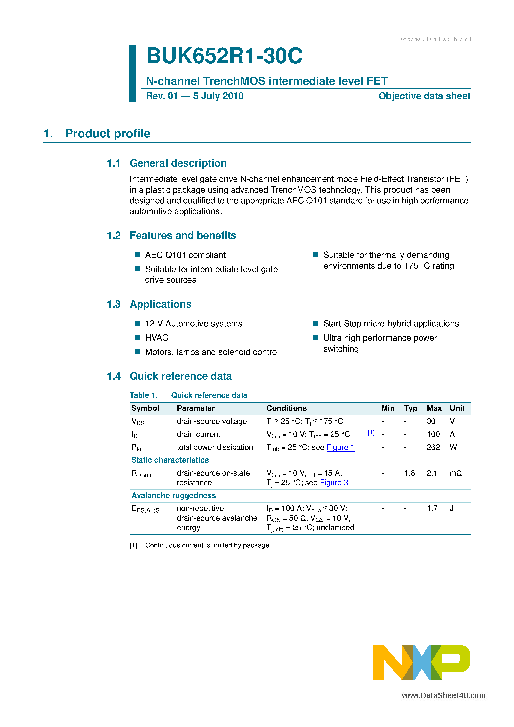 Datasheet BUK652R1-30C - N-channel TrenchMOS intermediate level FET page 1