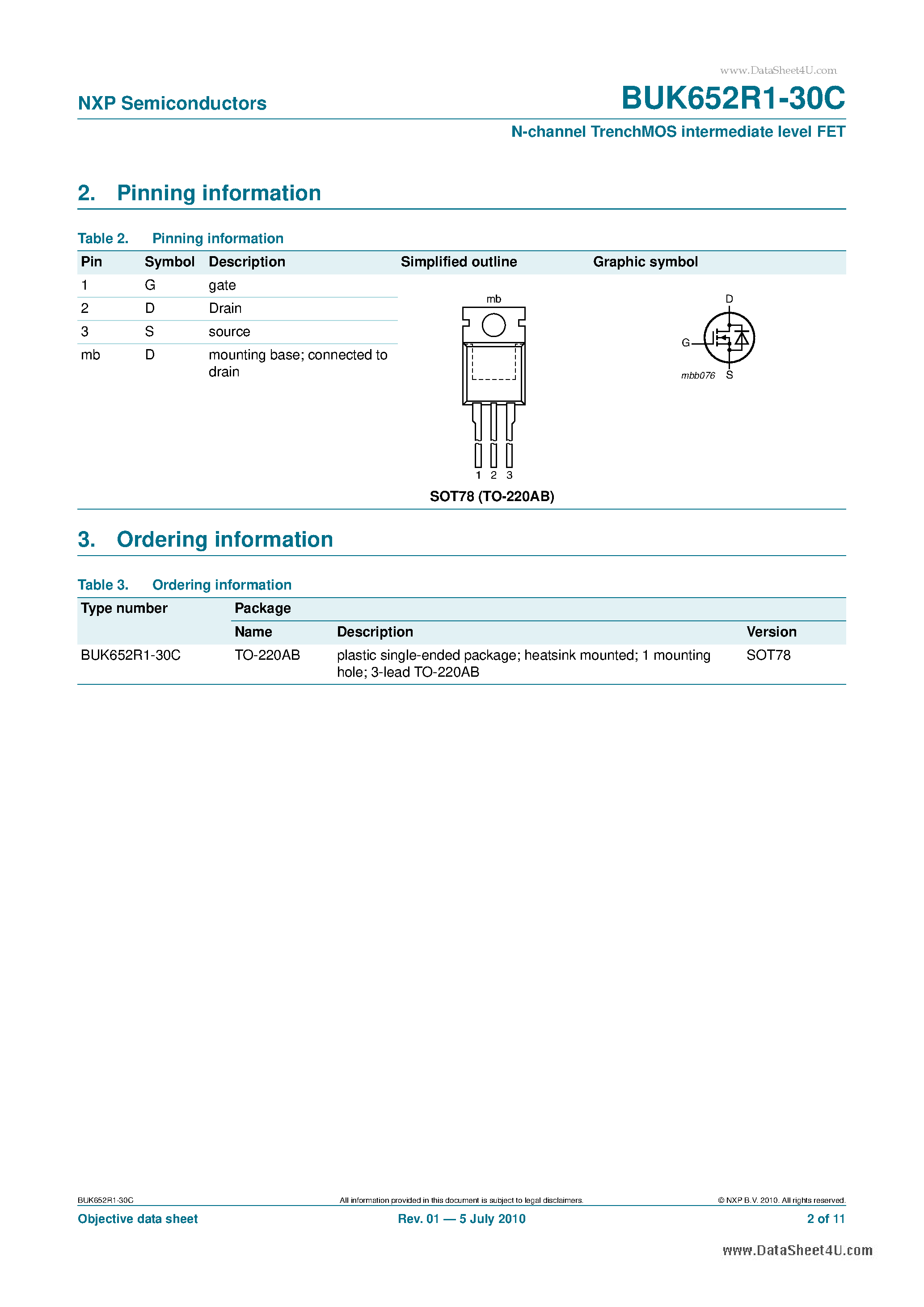 Datasheet BUK652R1-30C - N-channel TrenchMOS intermediate level FET page 2