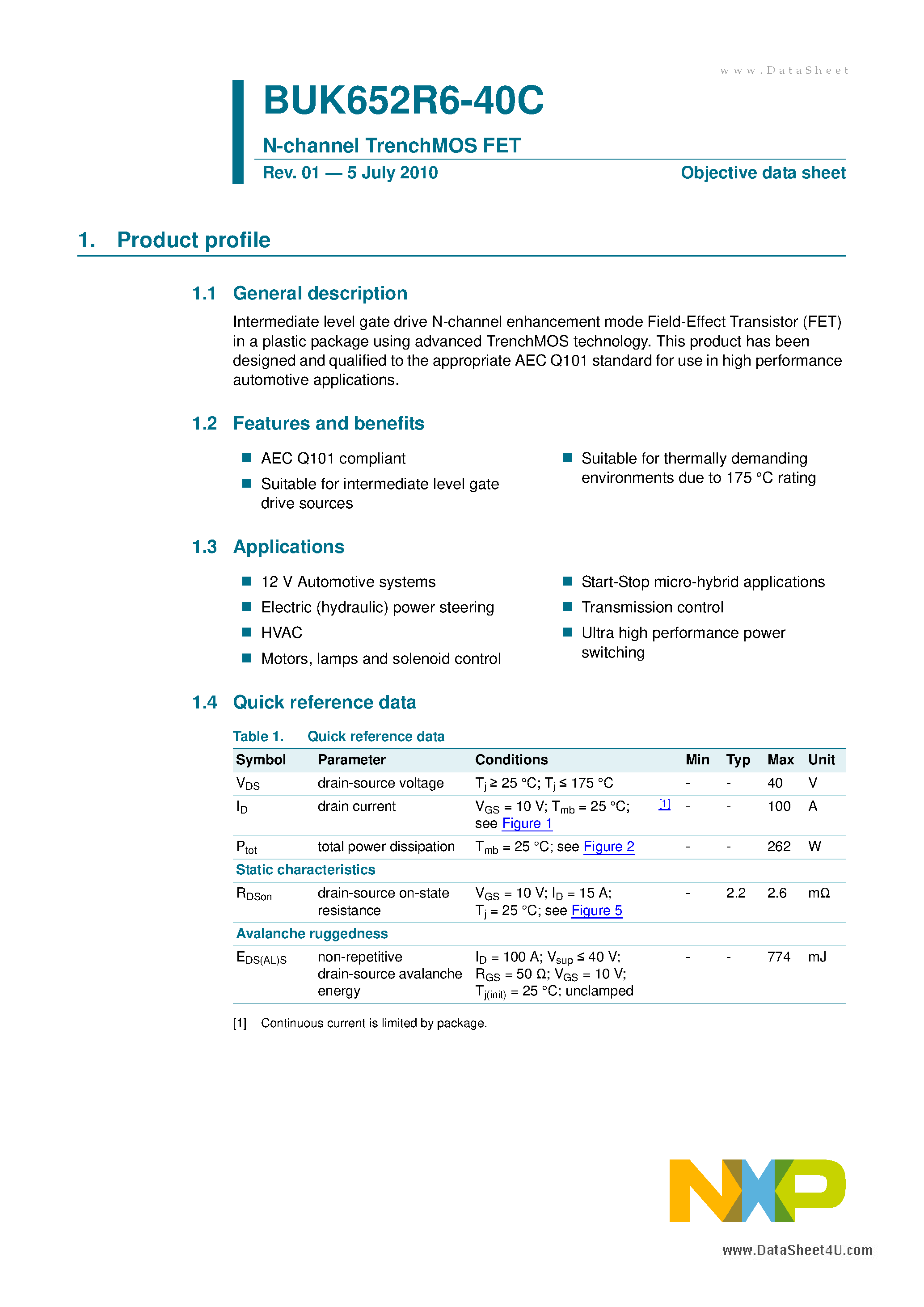 Datasheet BUK652R6-40C - N-channel TrenchMOS FET page 1