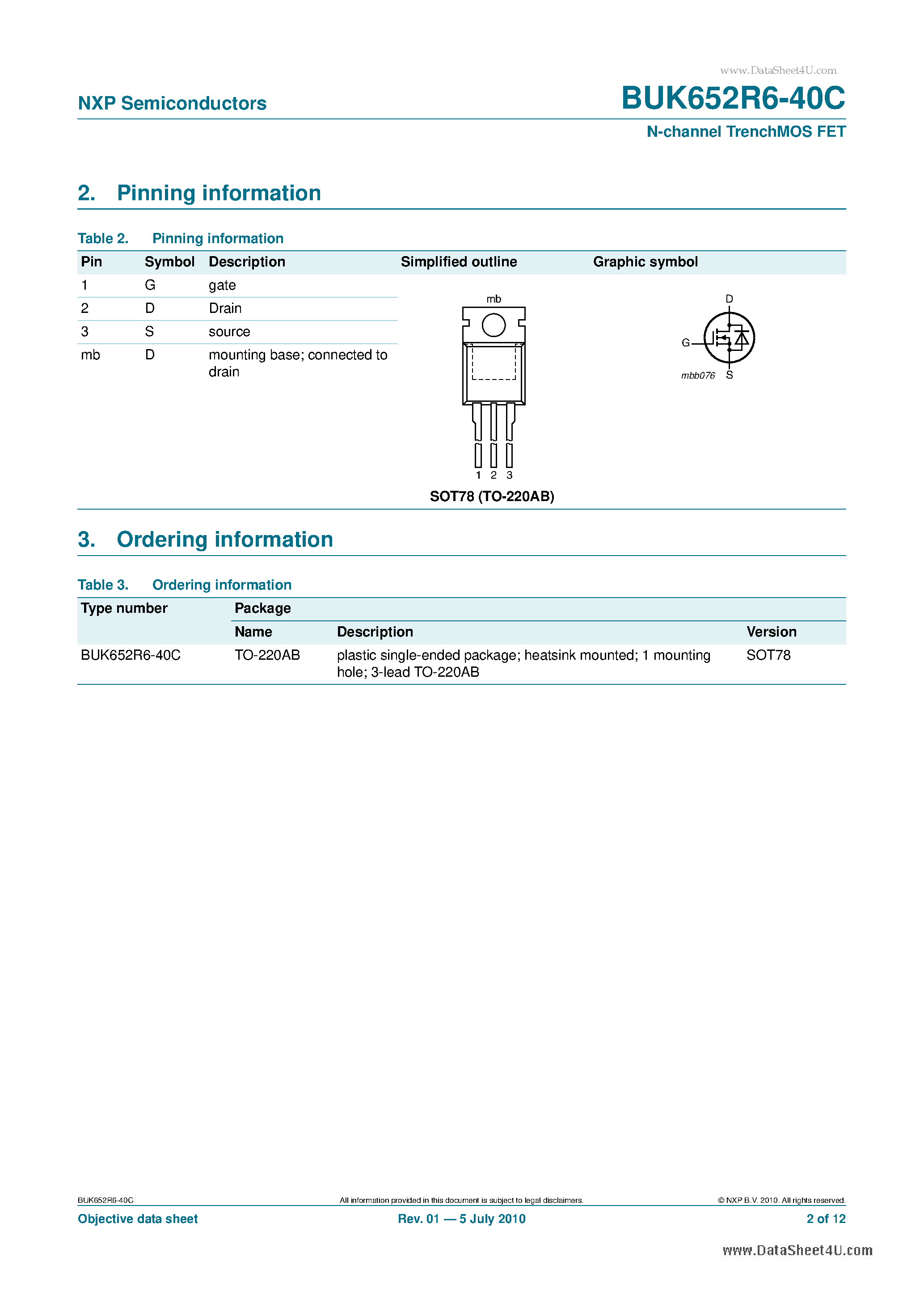 Datasheet BUK652R6-40C - N-channel TrenchMOS FET page 2