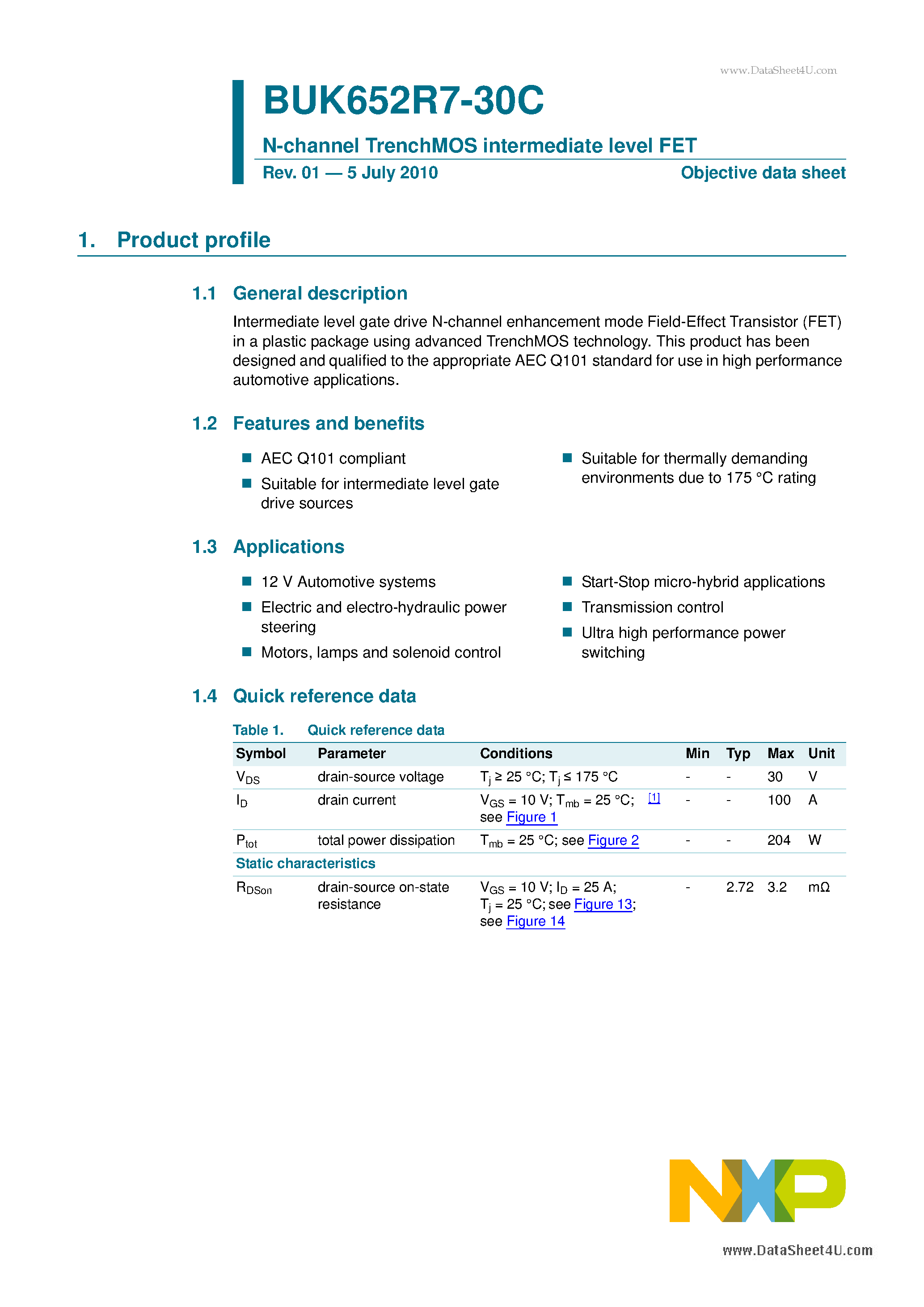 Datasheet BUK652R7-30C - N-channel TrenchMOS intermediate level FET page 1