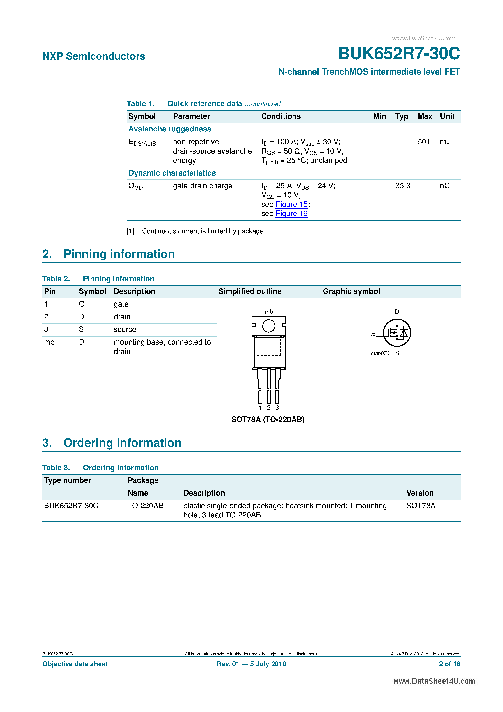 Datasheet BUK652R7-30C - N-channel TrenchMOS intermediate level FET page 2