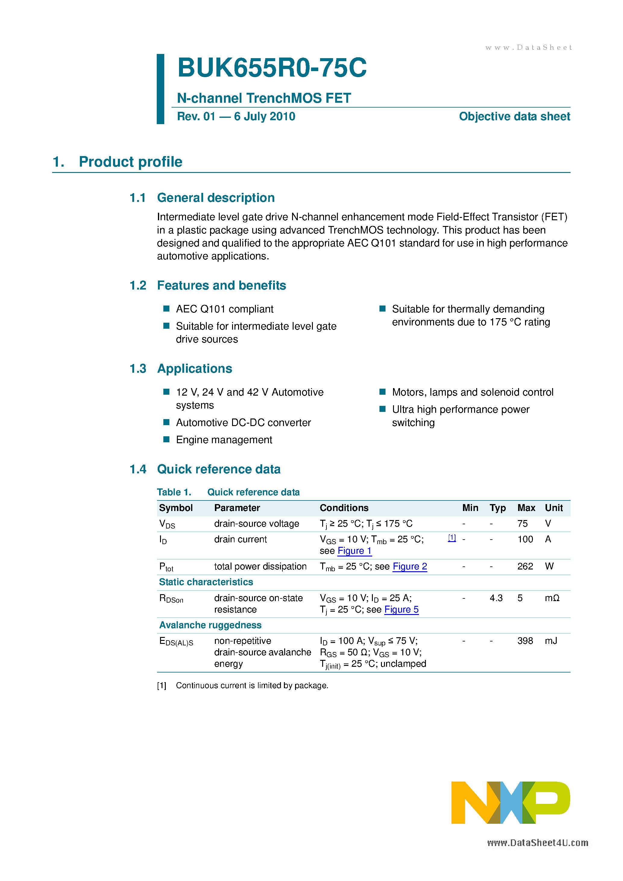 Datasheet BUK655R0-75C - N-channel TrenchMOS FET page 1