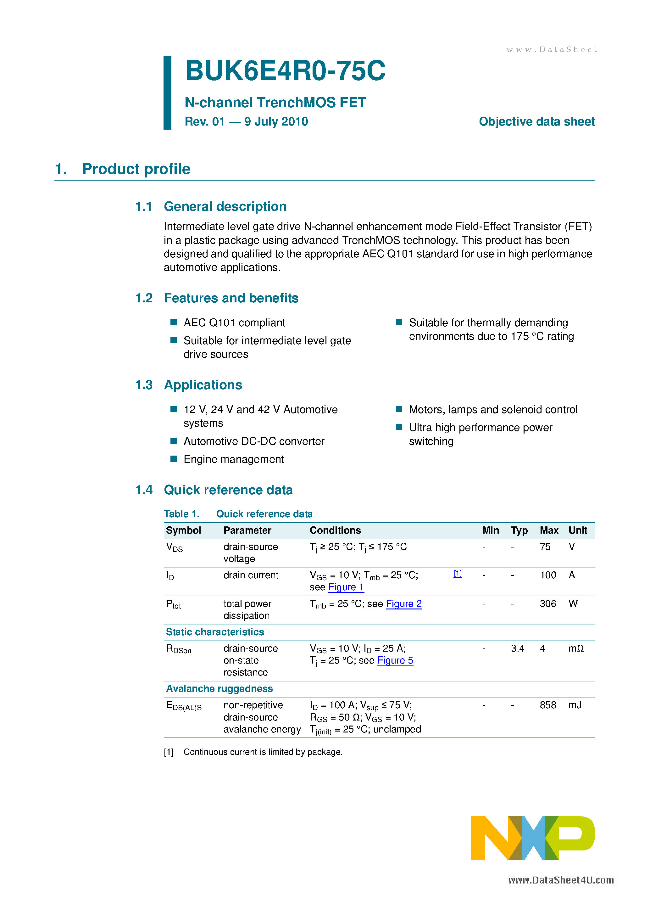 Datasheet BUK6E4R0-75C - N-channel TrenchMOS FET page 1