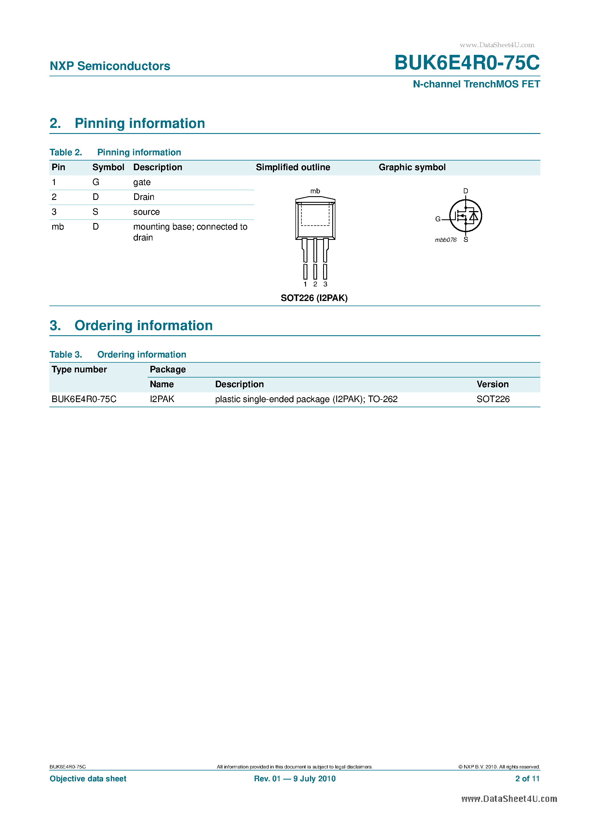 Datasheet BUK6E4R0-75C - N-channel TrenchMOS FET page 2