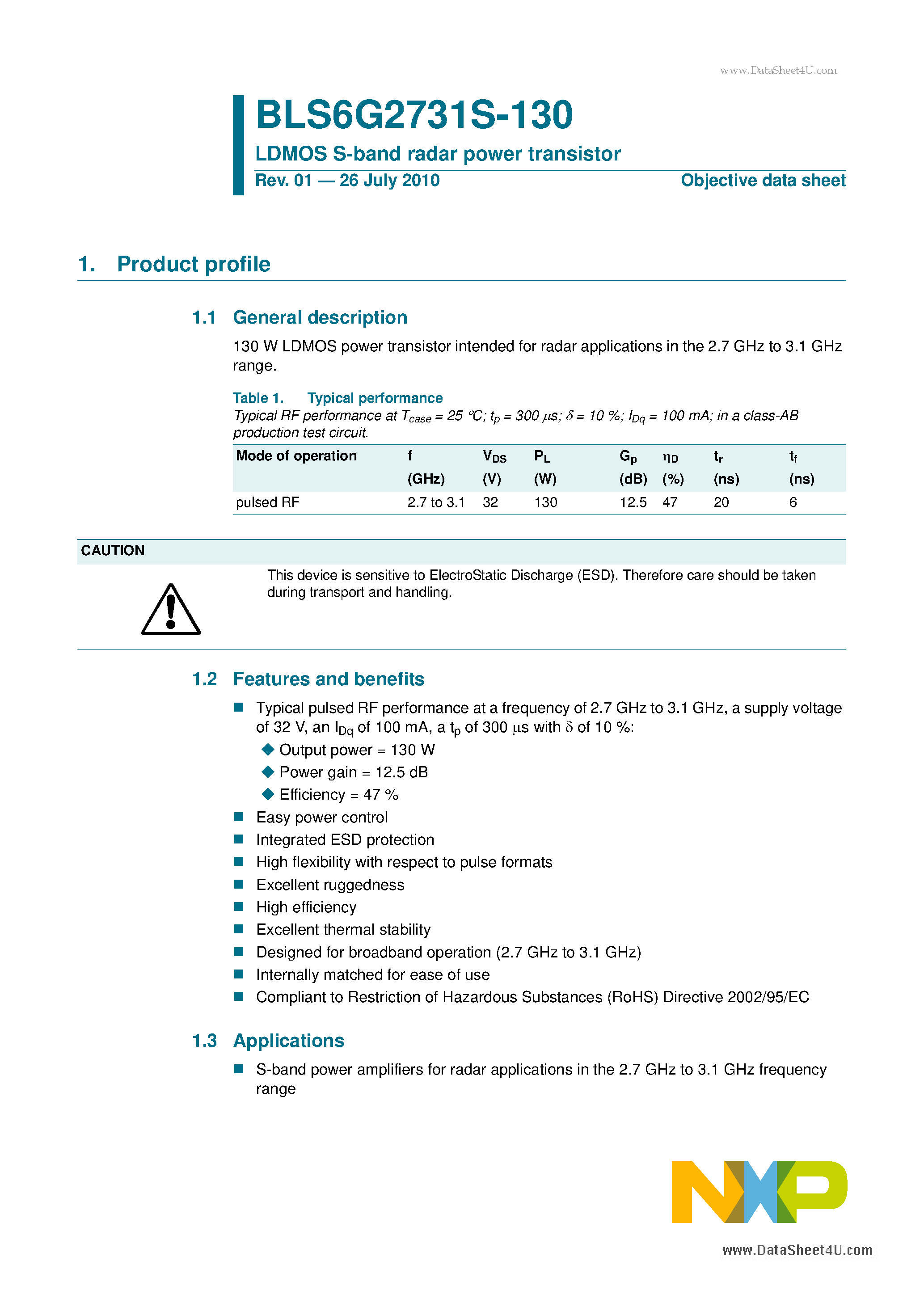 Datasheet BLS6G2731S-130 - LDMOS S-band radar power transistor page 1