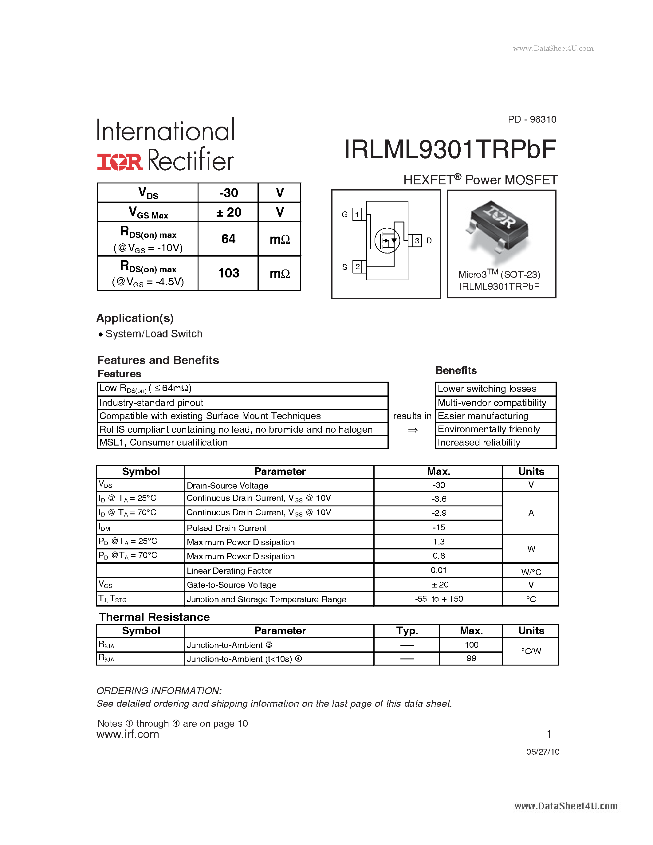 Даташит IRLML9301TRPBF - HEXFET Power MOSFET страница 1