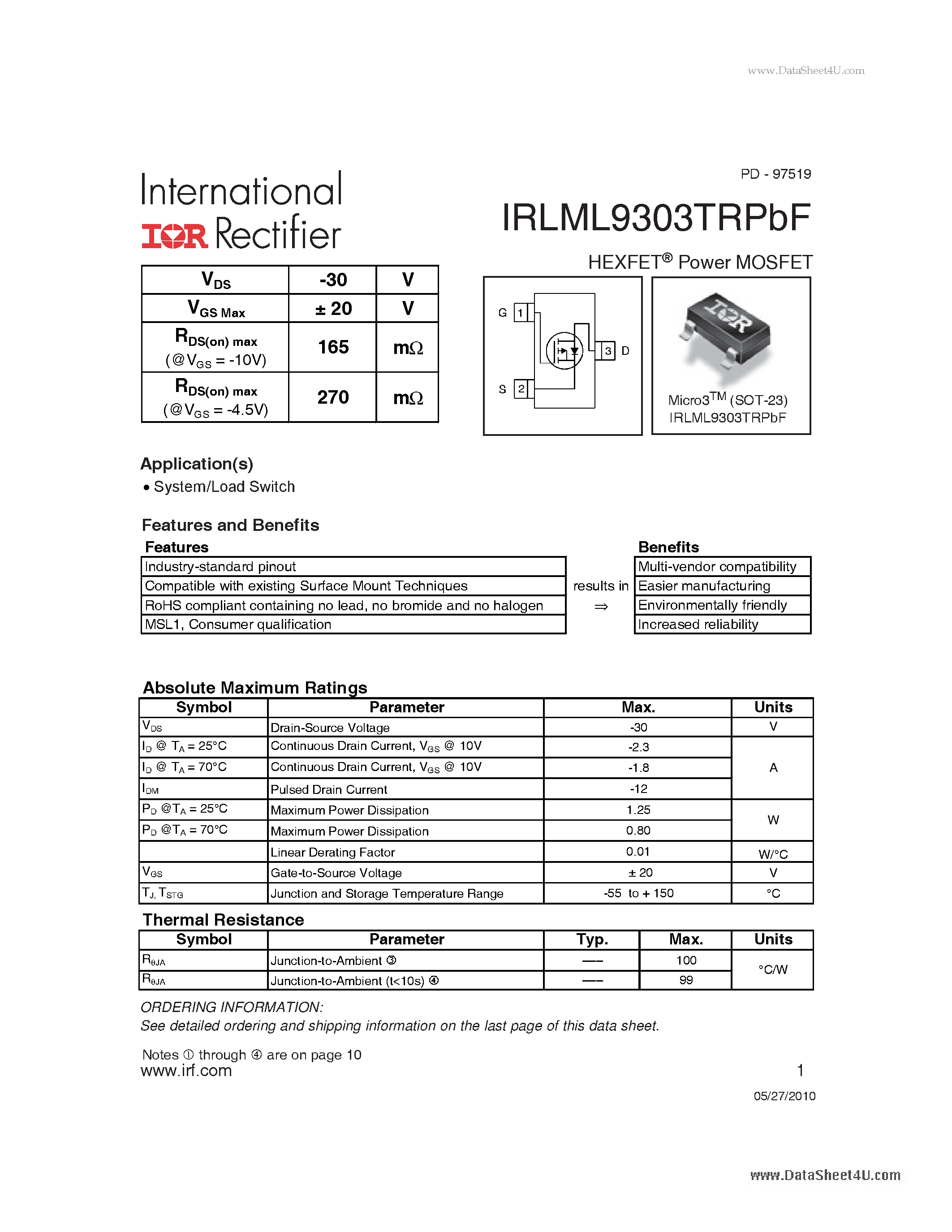 Даташит IRLML9303TRPBF - HEXFET Power MOSFET страница 1