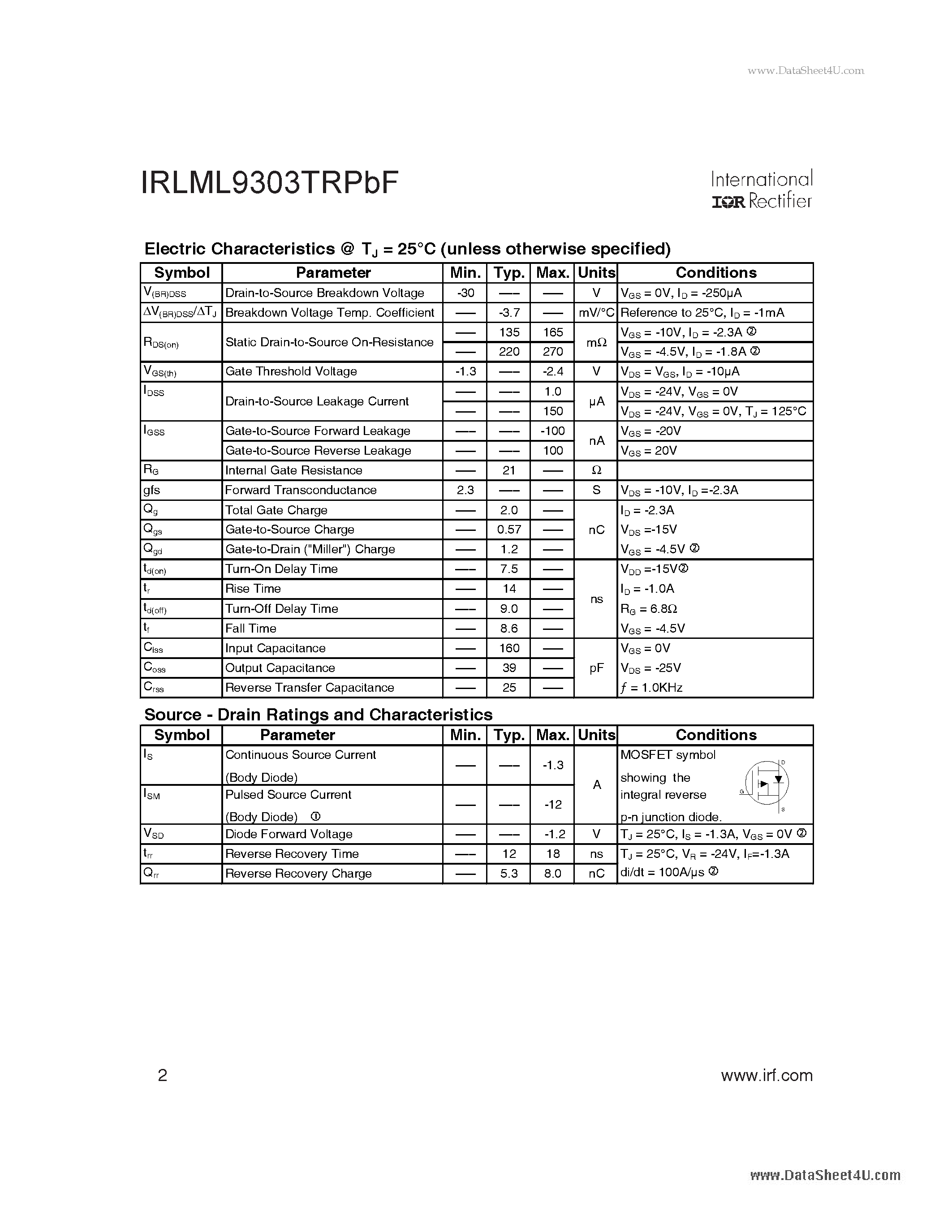 Даташит IRLML9303TRPBF - HEXFET Power MOSFET страница 2