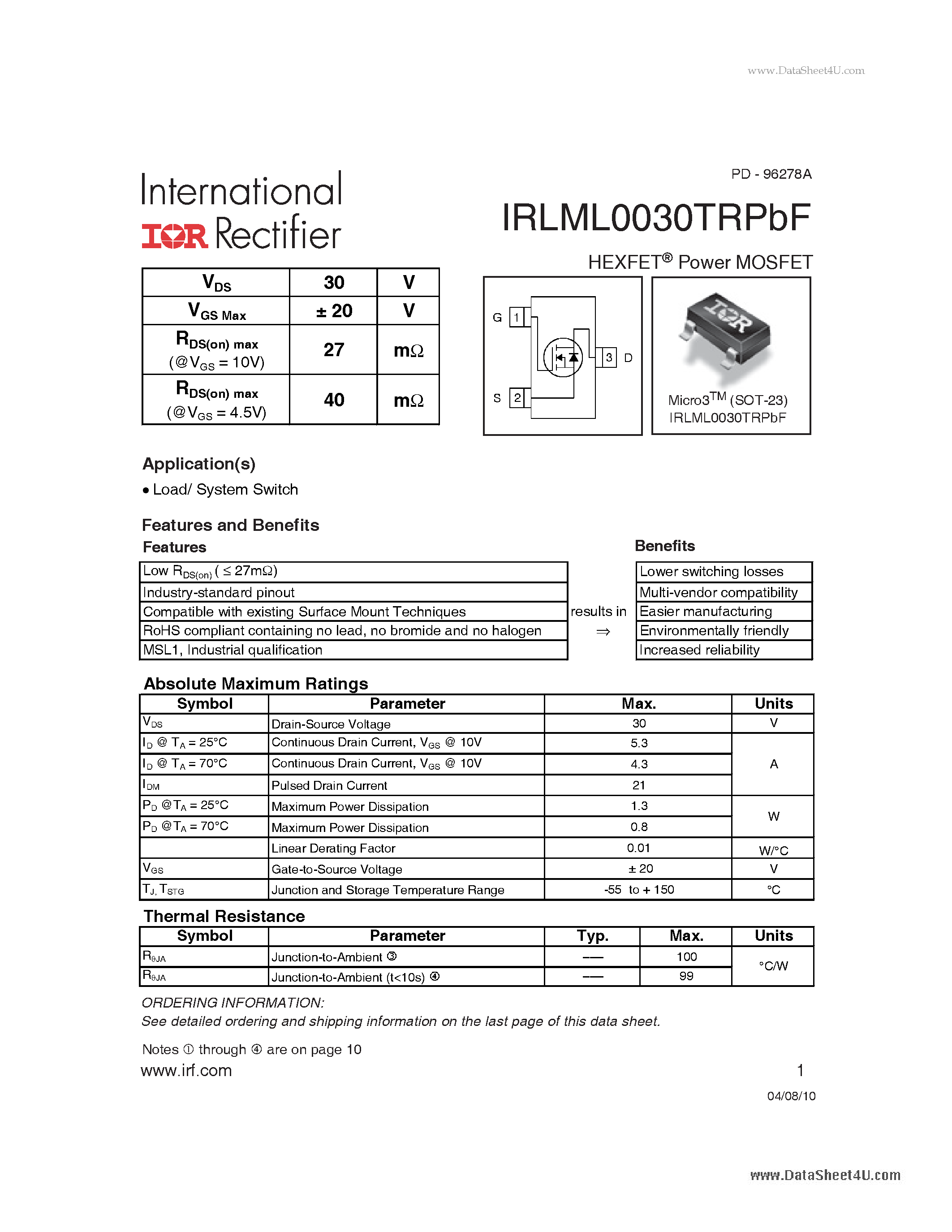 Даташит IRLML0030TRPBF - HEXFET Power MOSFET страница 1