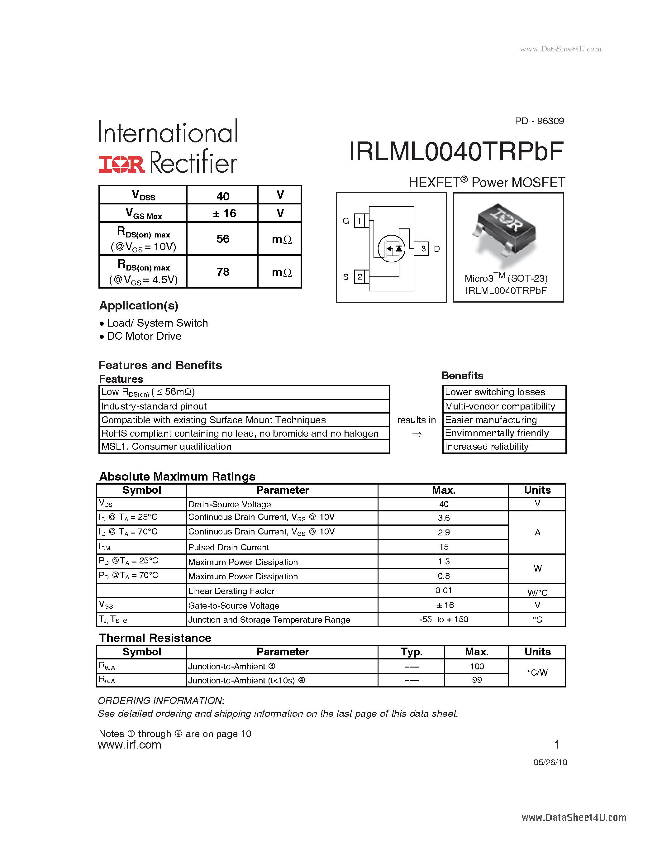 Даташит на микросхему IRLML0040TRPBF страница 1 Даташит IRLML0040TRPBF - HEXFET Power MOSFET страница 1