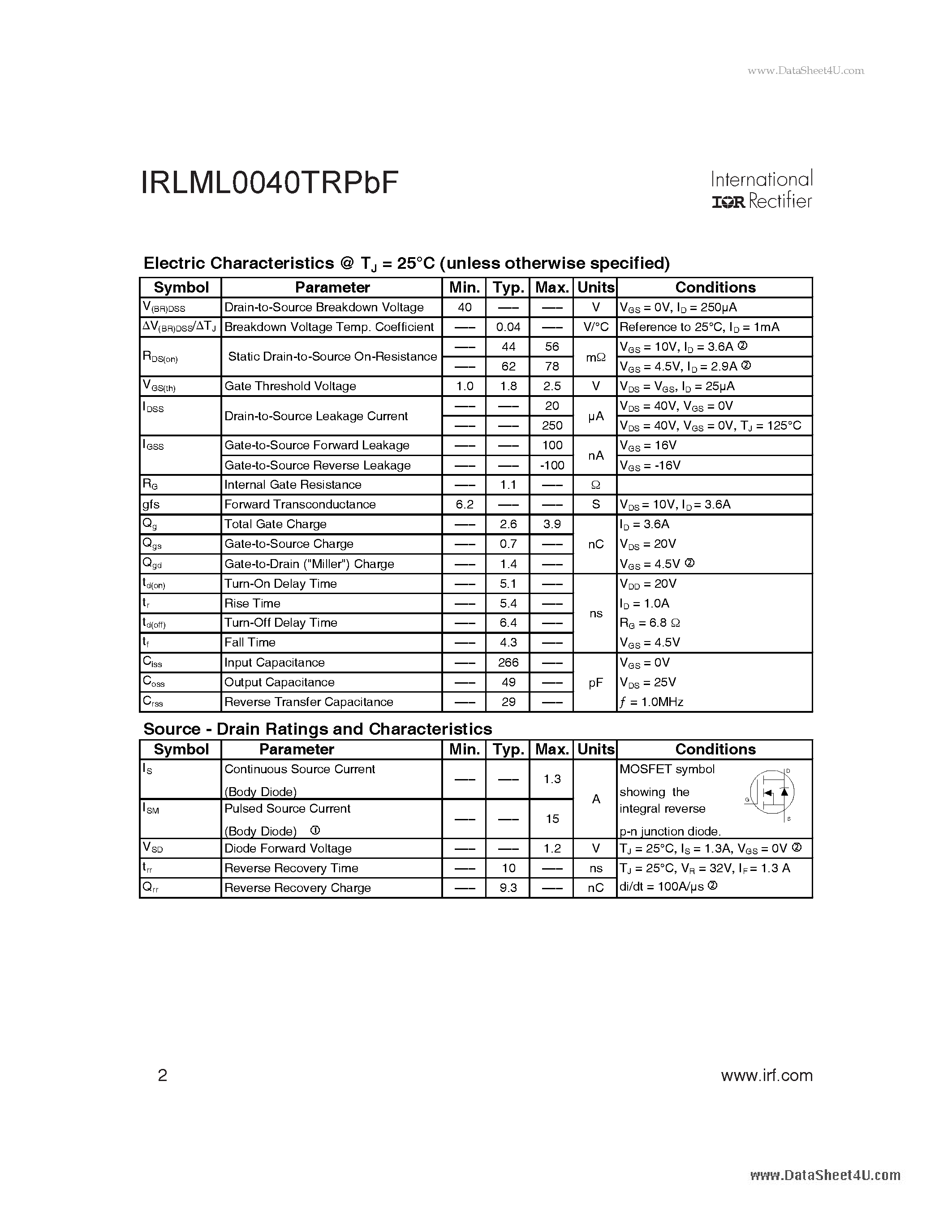 Даташит на микросхему IRLML0040TRPBF страница 2 Даташит IRLML0040TRPBF - HEXFET Power MOSFET страница 2