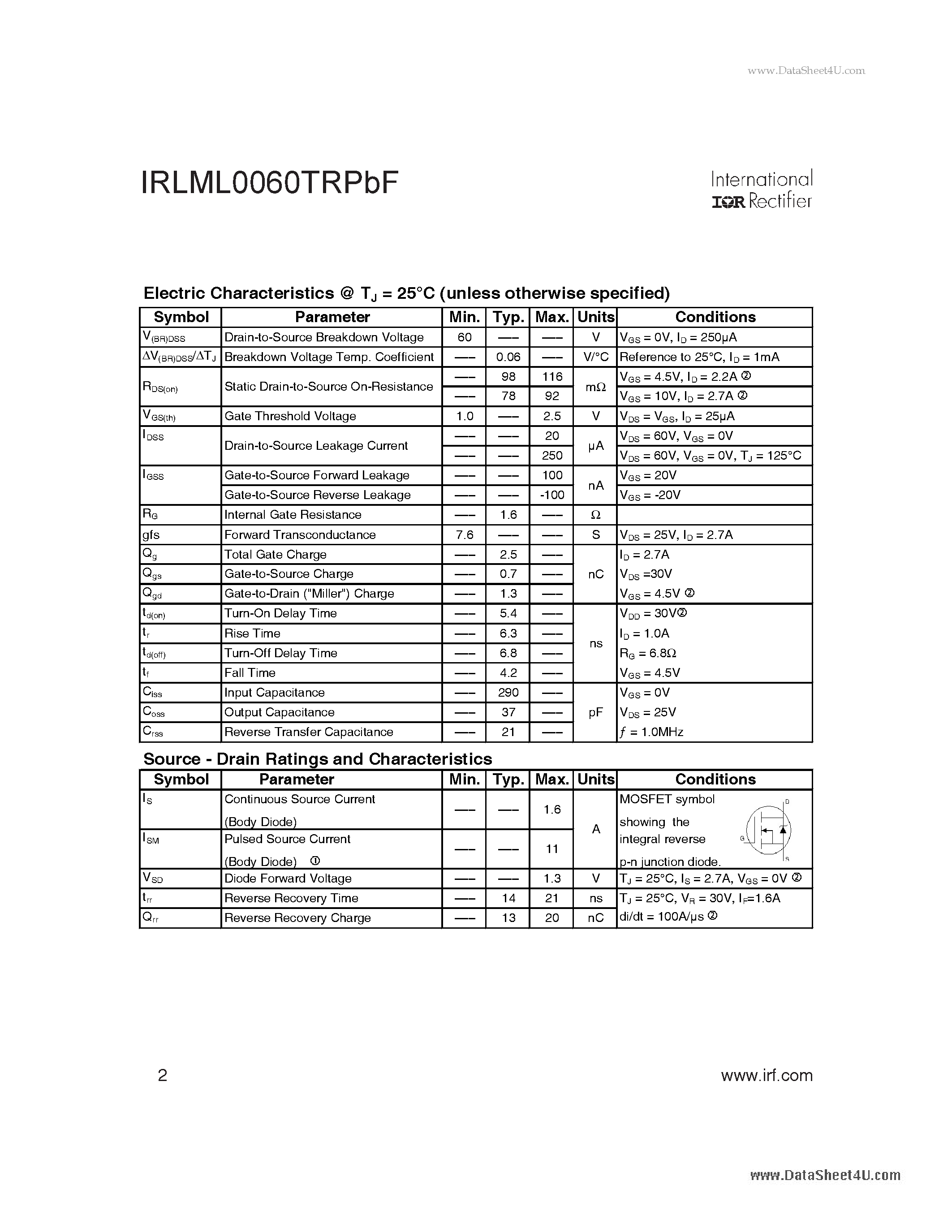 Даташит IRLML0060TRPBF - HEXFET Power MOSFET страница 2