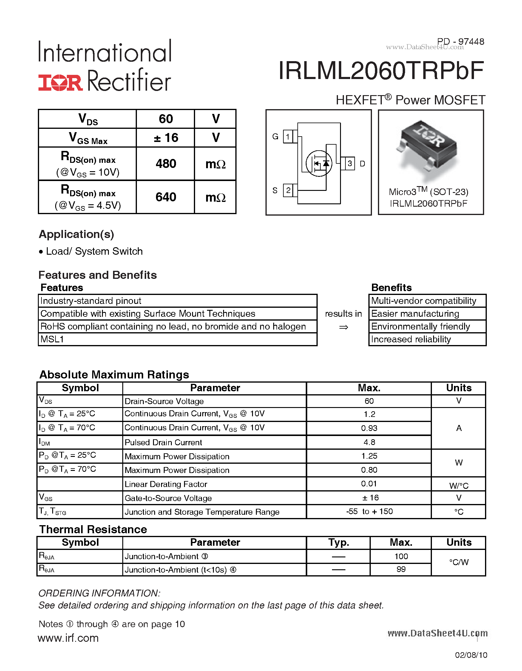 Даташит IRLML2060TRPBF - HEXFET Power MOSFET страница 1