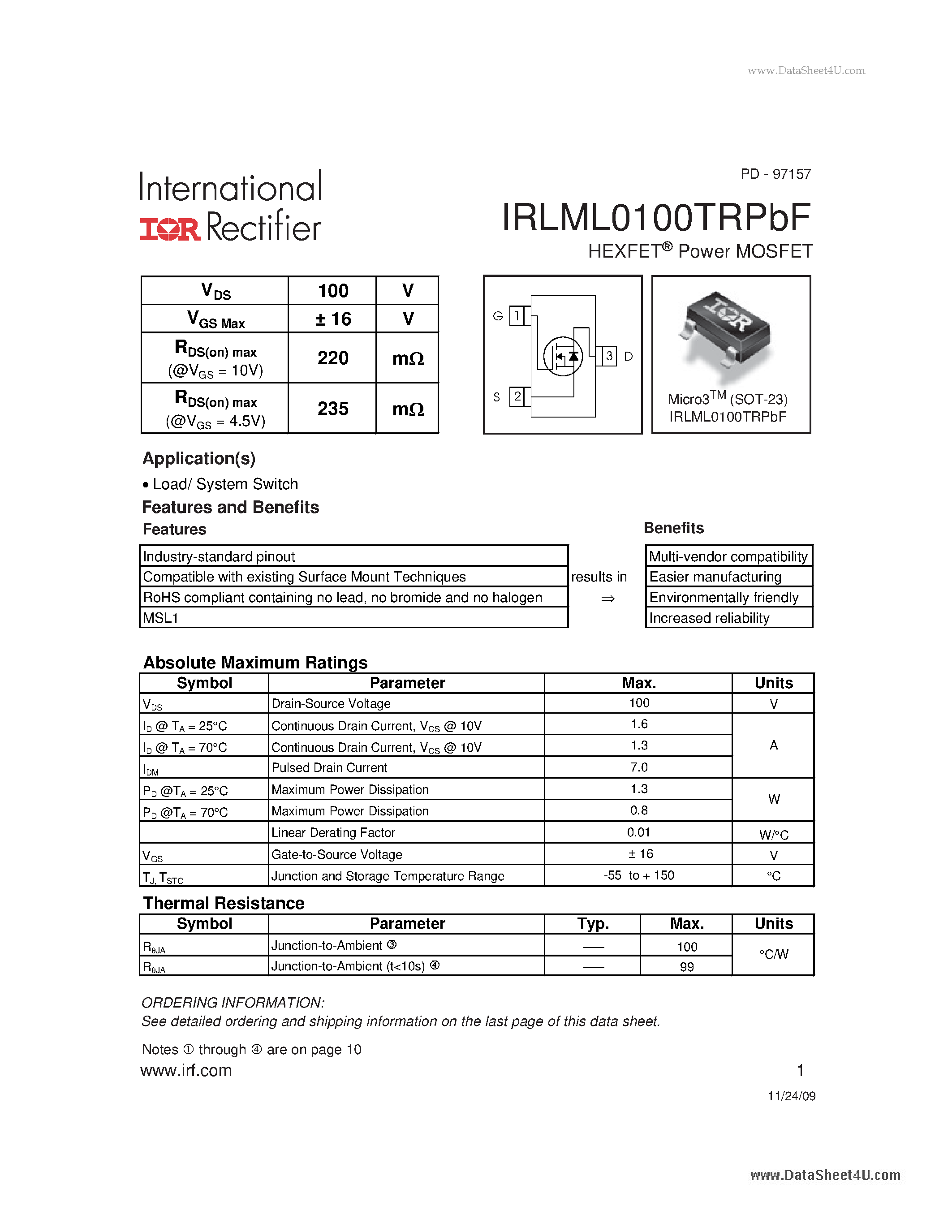 Даташит IRLML0100TRPBF - HEXFET Power MOSFET страница 1
