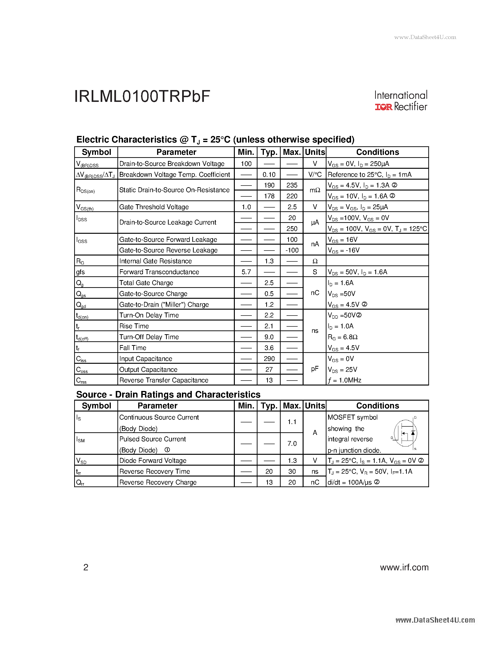 Даташит IRLML0100TRPBF - HEXFET Power MOSFET страница 2