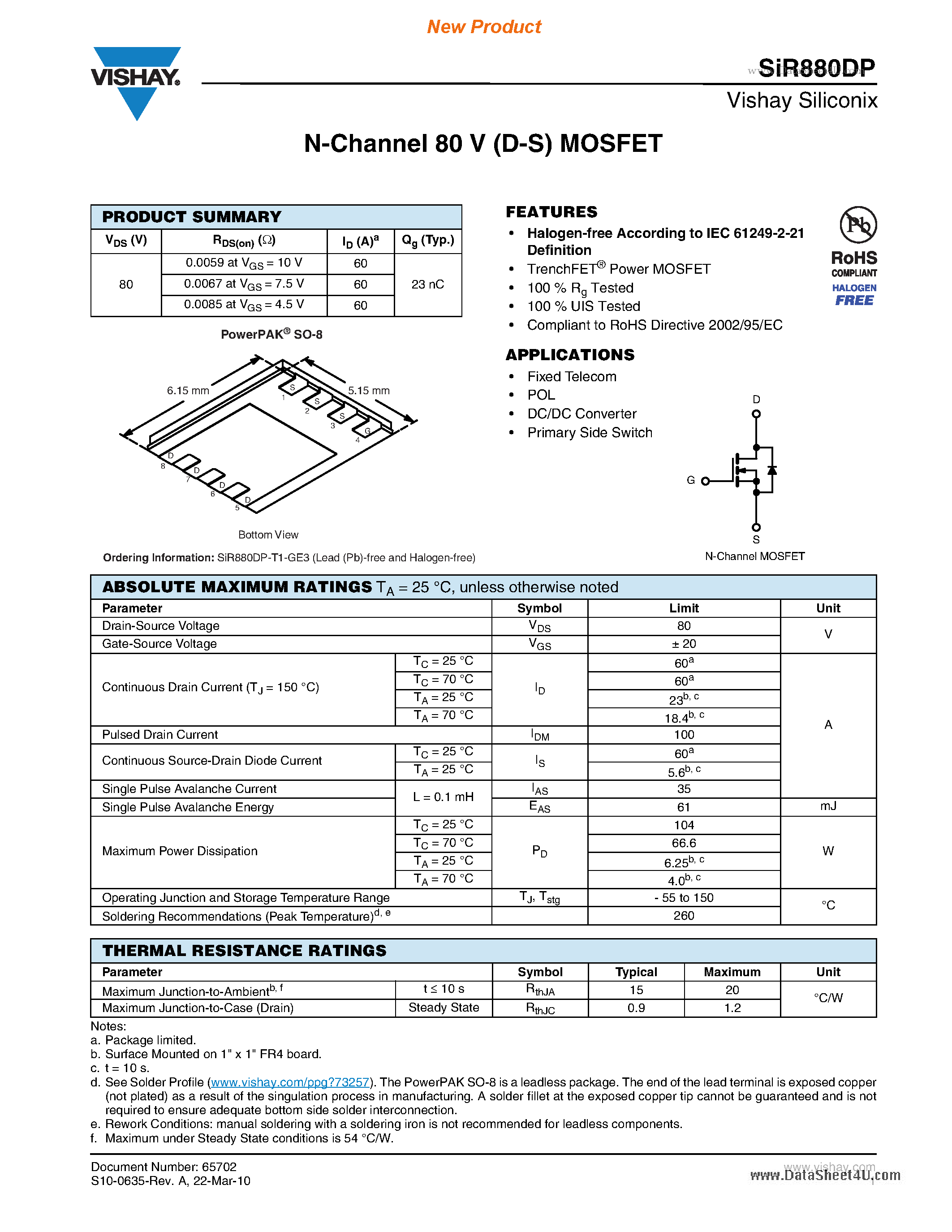 Даташит SiR880DP - N-Channel 80 V (D-S) MOSFET страница 1