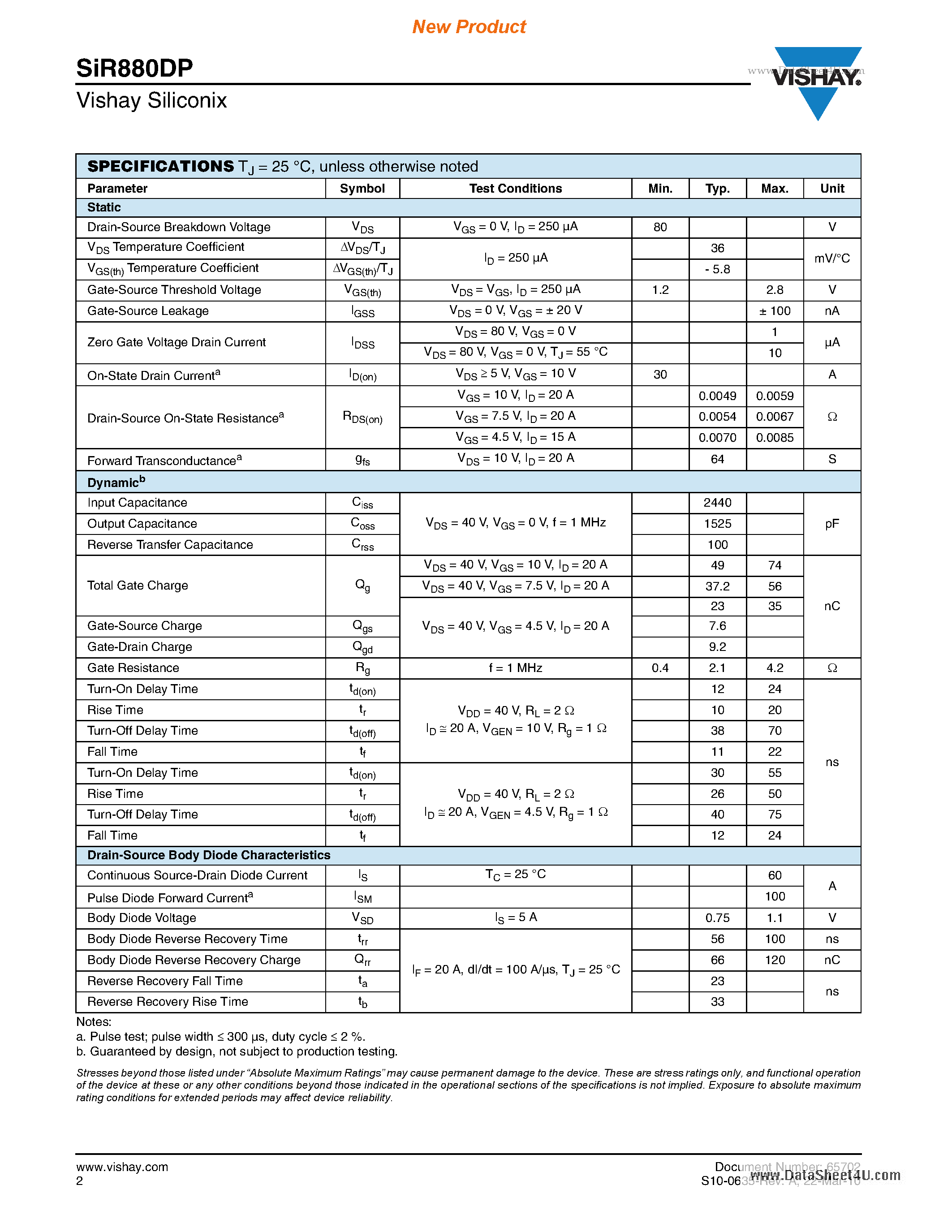 Даташит SiR880DP - N-Channel 80 V (D-S) MOSFET страница 2