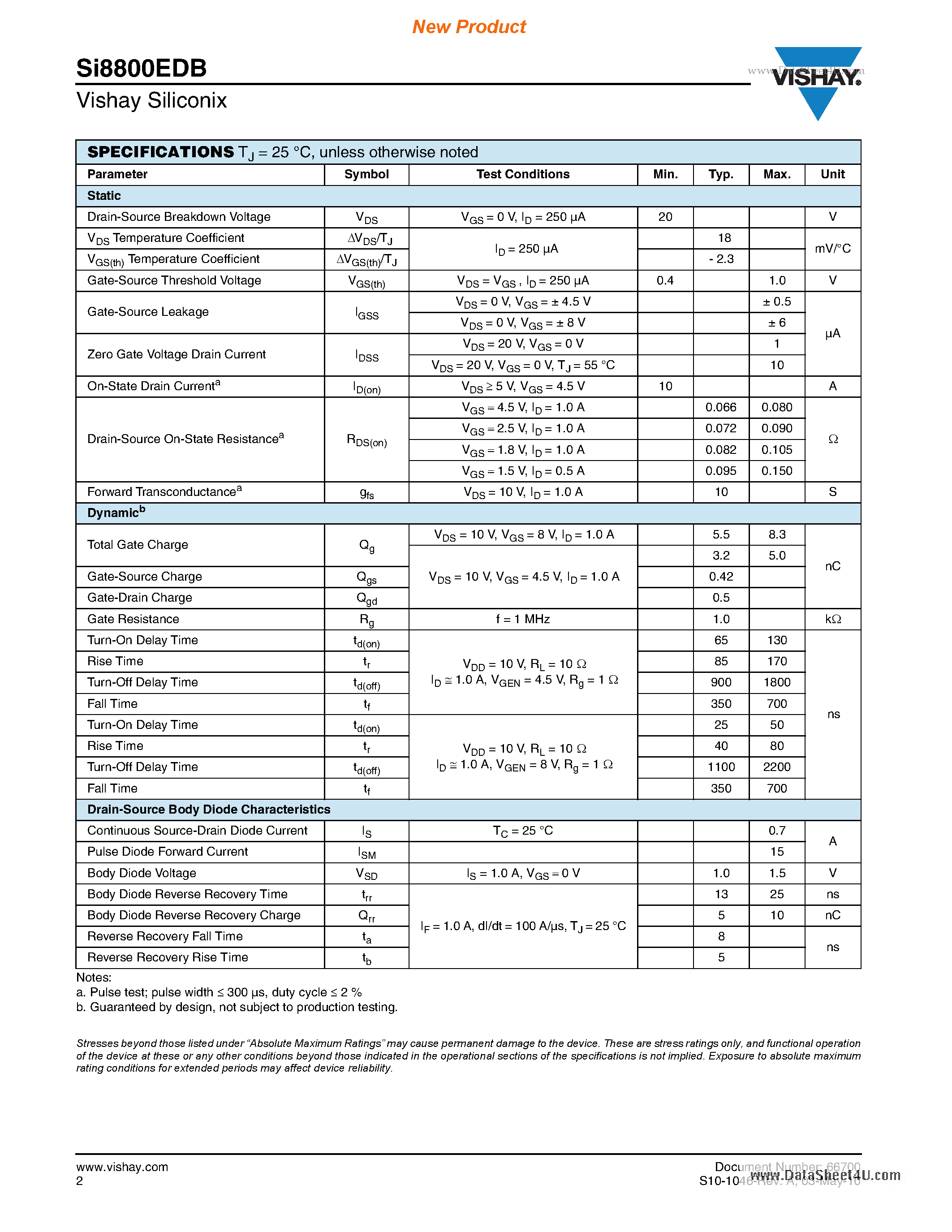 Даташит Si8800EDB - N-Channel 20 V (D-S) MOSFET страница 2